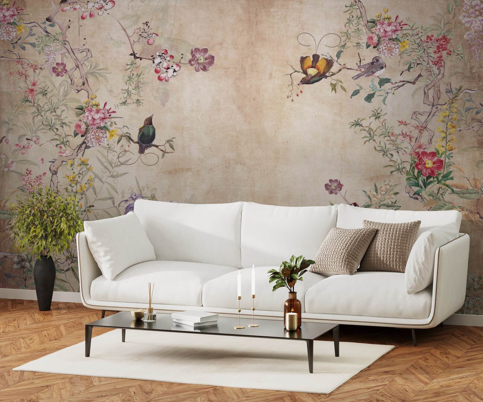 Papier peint des pétales en fleurs et des papillons en vol