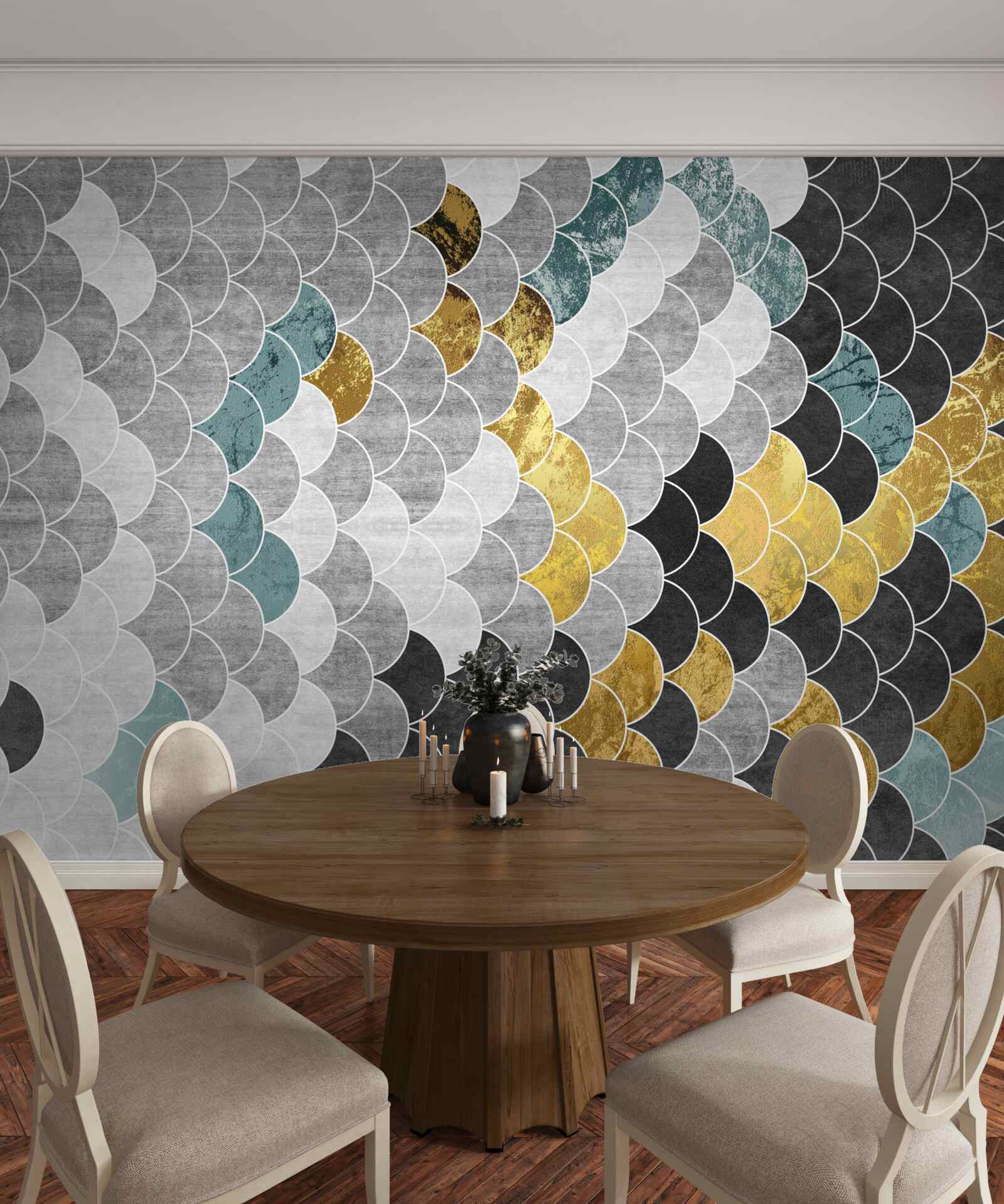 Papier peint formes géométriques en noir et blanc avec des éléments dorés