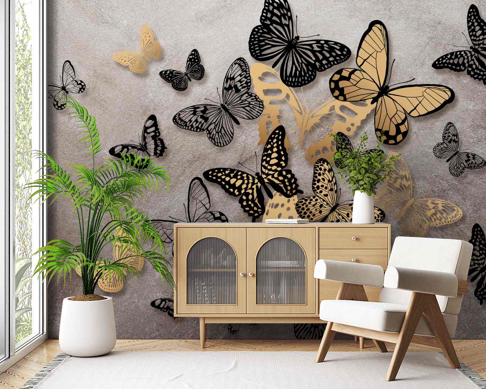 Papier peint les papillons dorés et noirs s'envolent