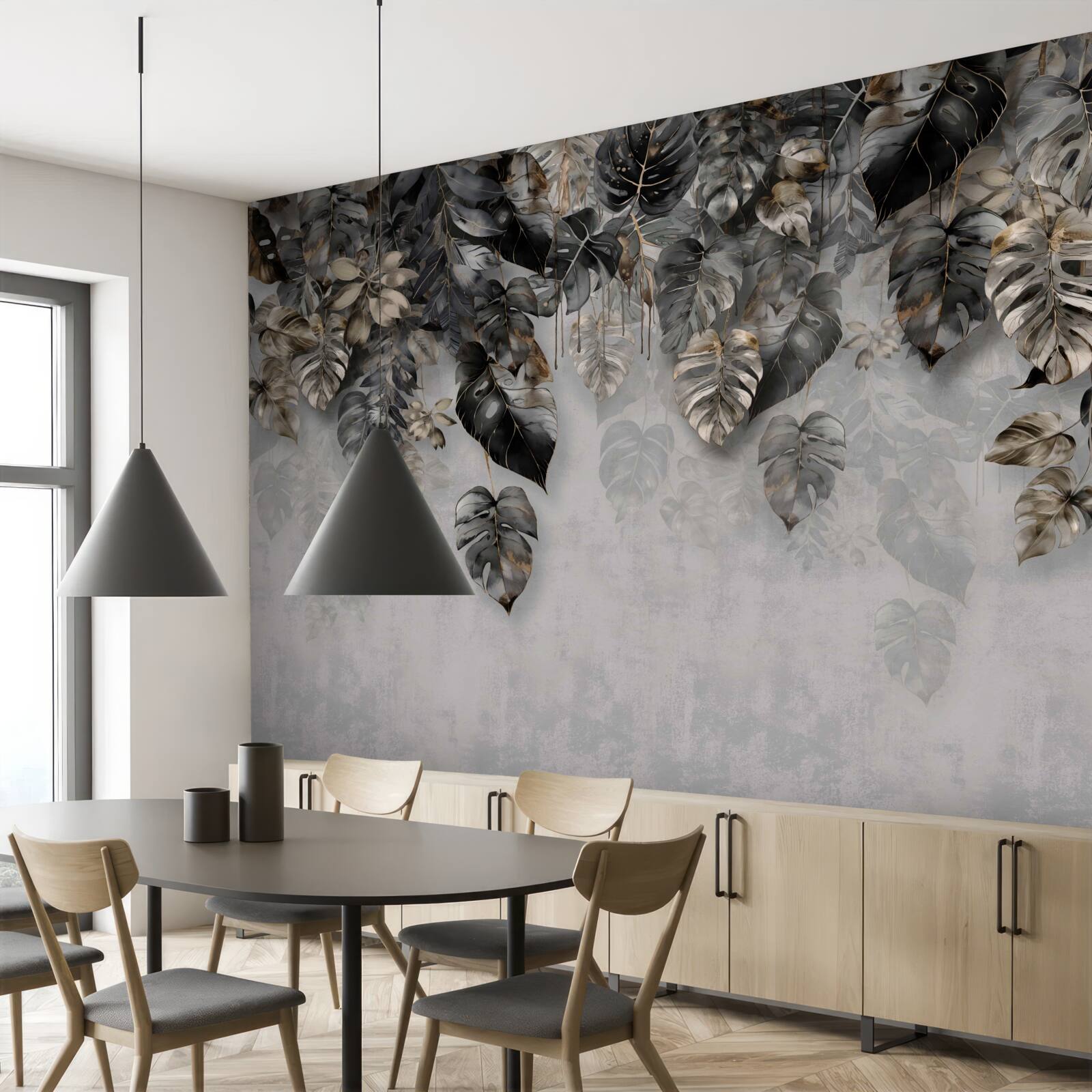 Papier peint feuilles tropicales sombres suspendues