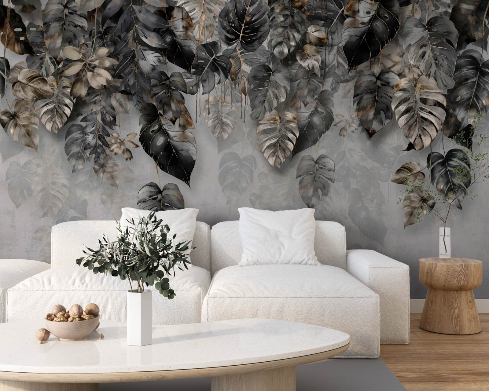 Papier peint feuilles tropicales sombres suspendues