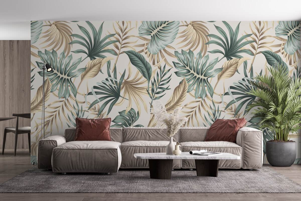 Papier peint feuilles de la jungle dans les tons de vert et d'or