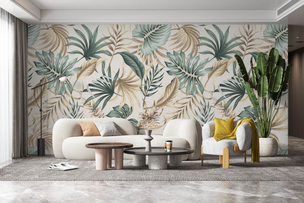Papier peint feuilles de la jungle dans les tons de vert et d'or
