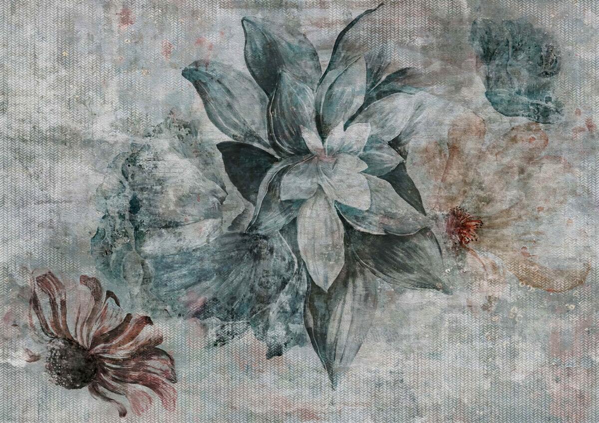 Papier peint fleur blanc-bleu sur fond flou