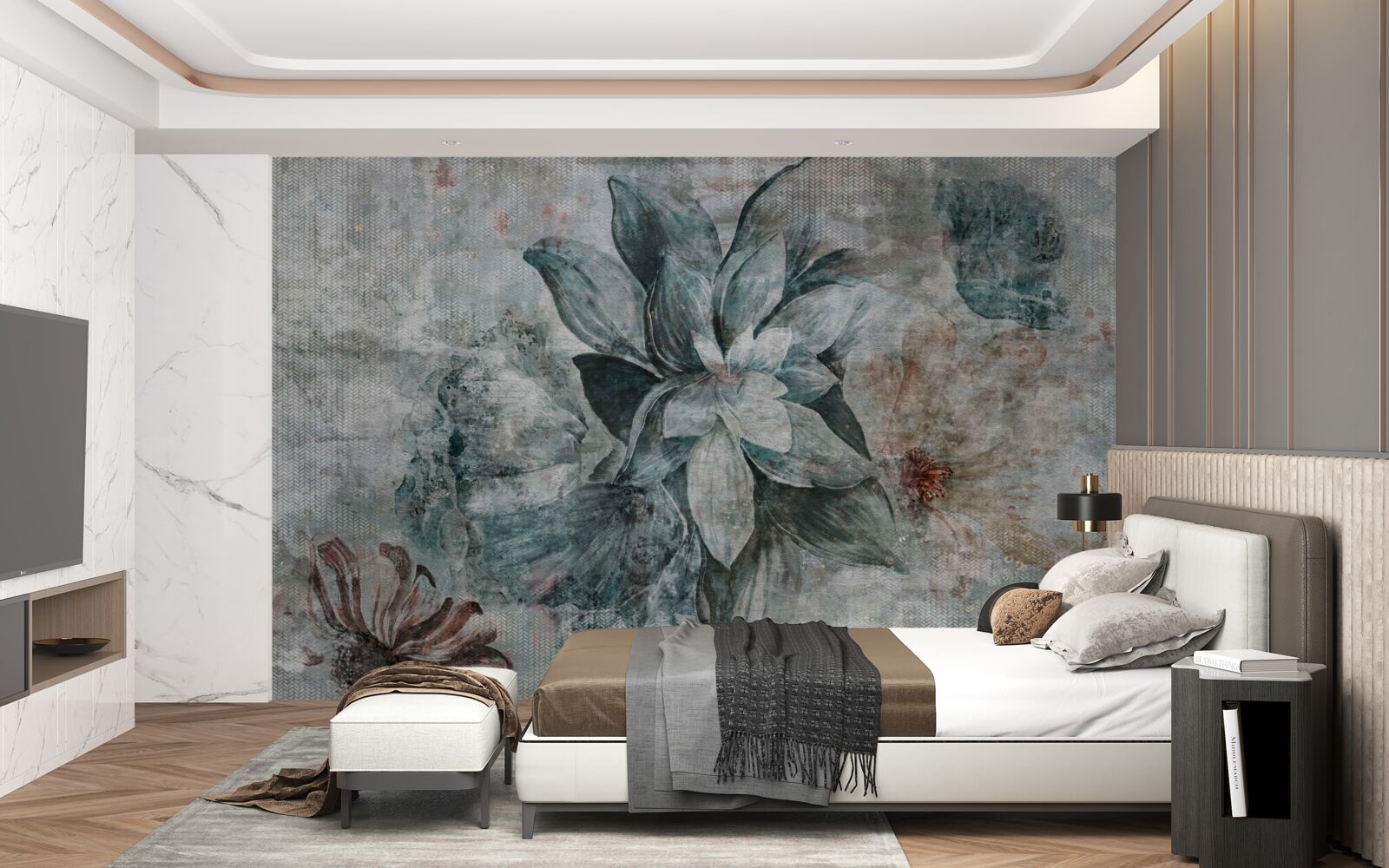 Papier peint fleur blanc-bleu sur fond flou