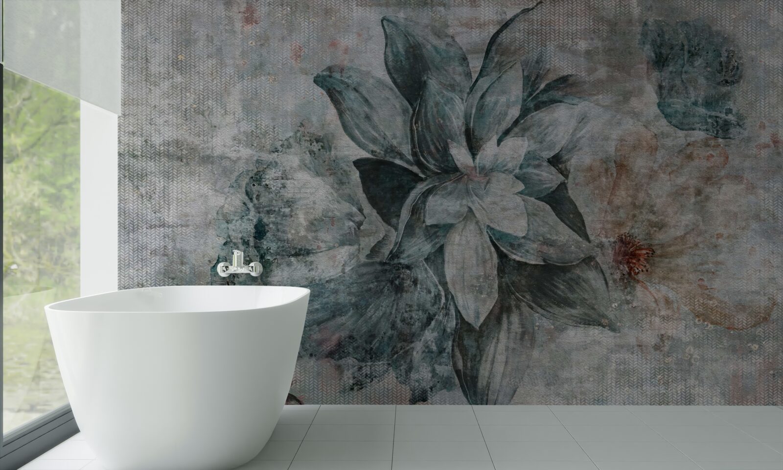 Papier peint fleur blanc-bleu sur fond flou