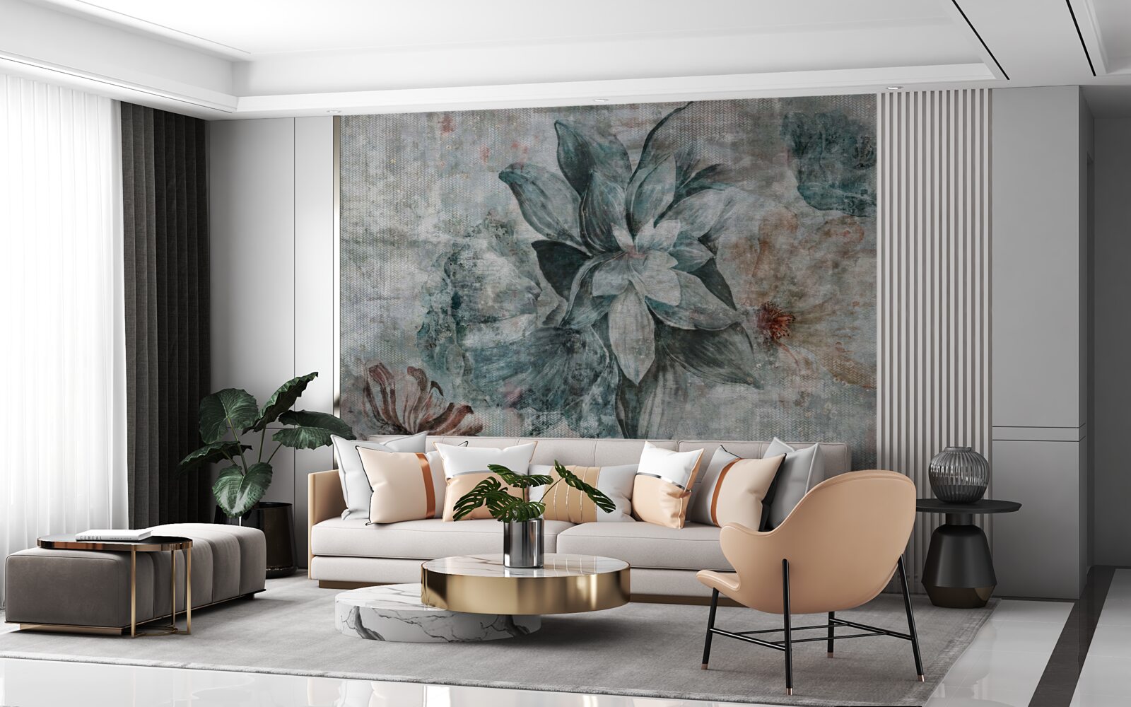 Papier peint fleur blanc-bleu sur fond flou