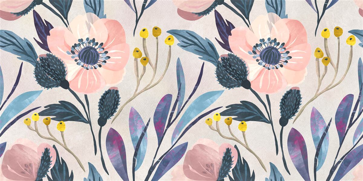 Papier peint coquelicots roses parmi les feuilles