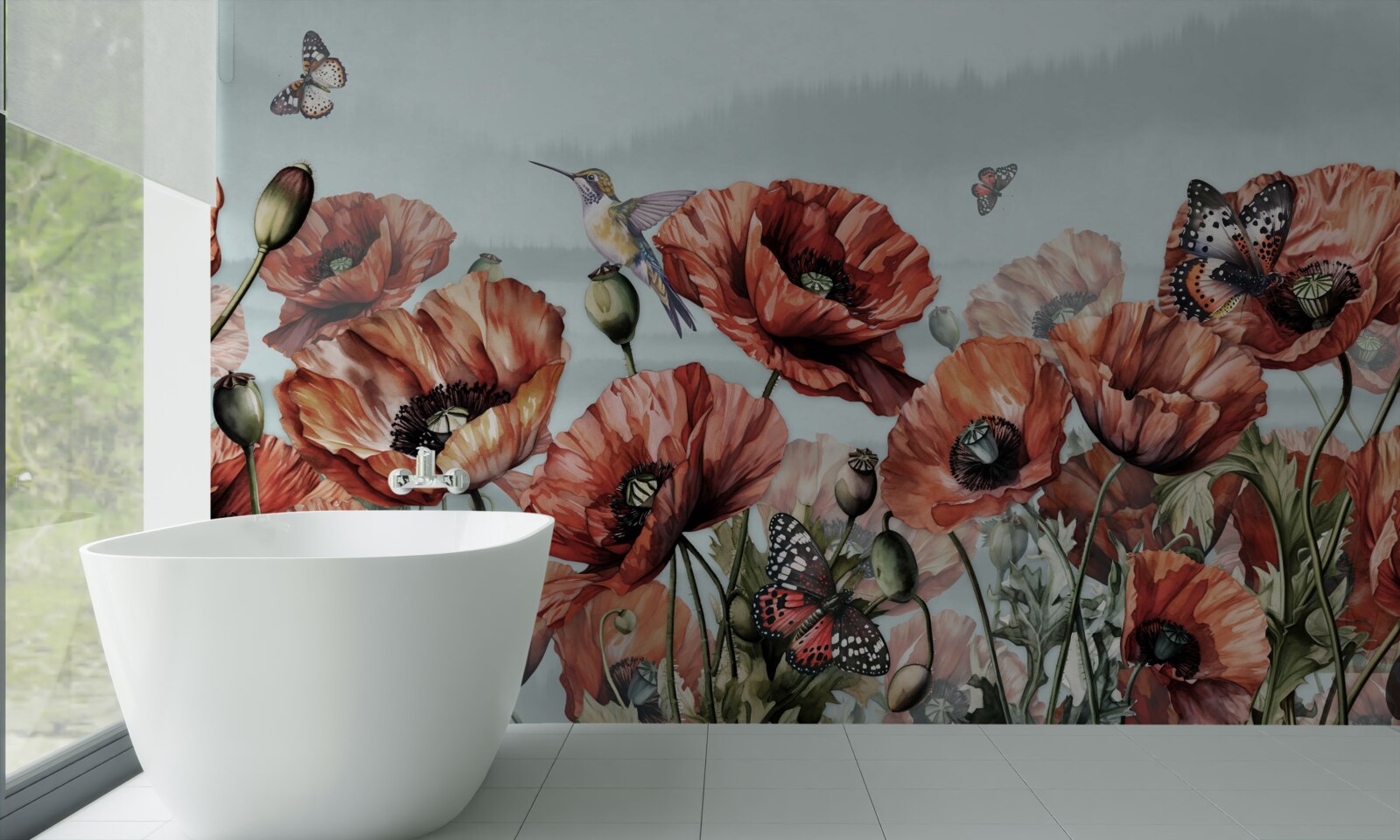 Papier peint papillons volant au-dessus d'un champ de coquelicots écarlates