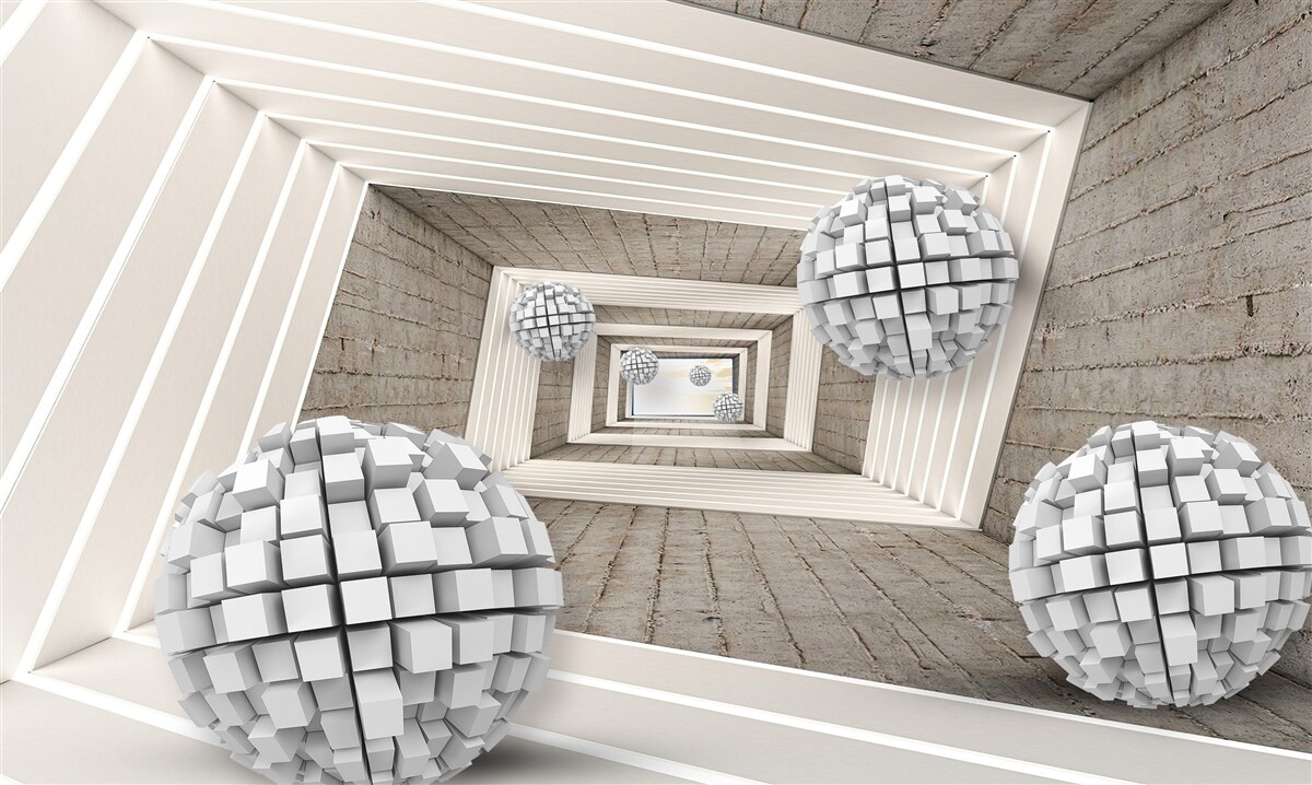 Papier peint des boules formées par des cubes et un couloir sans fin