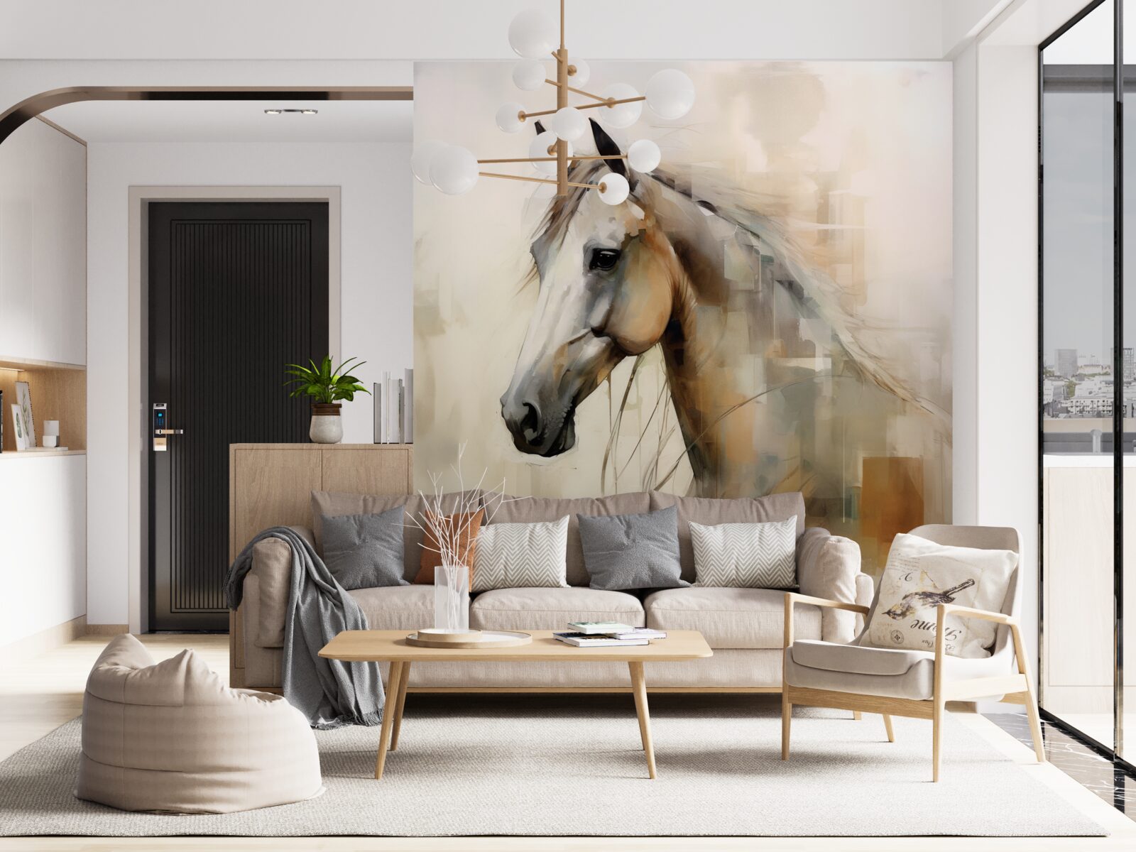 Papier peint cheval exotique blanc comme neige avec une crinière luxuriante