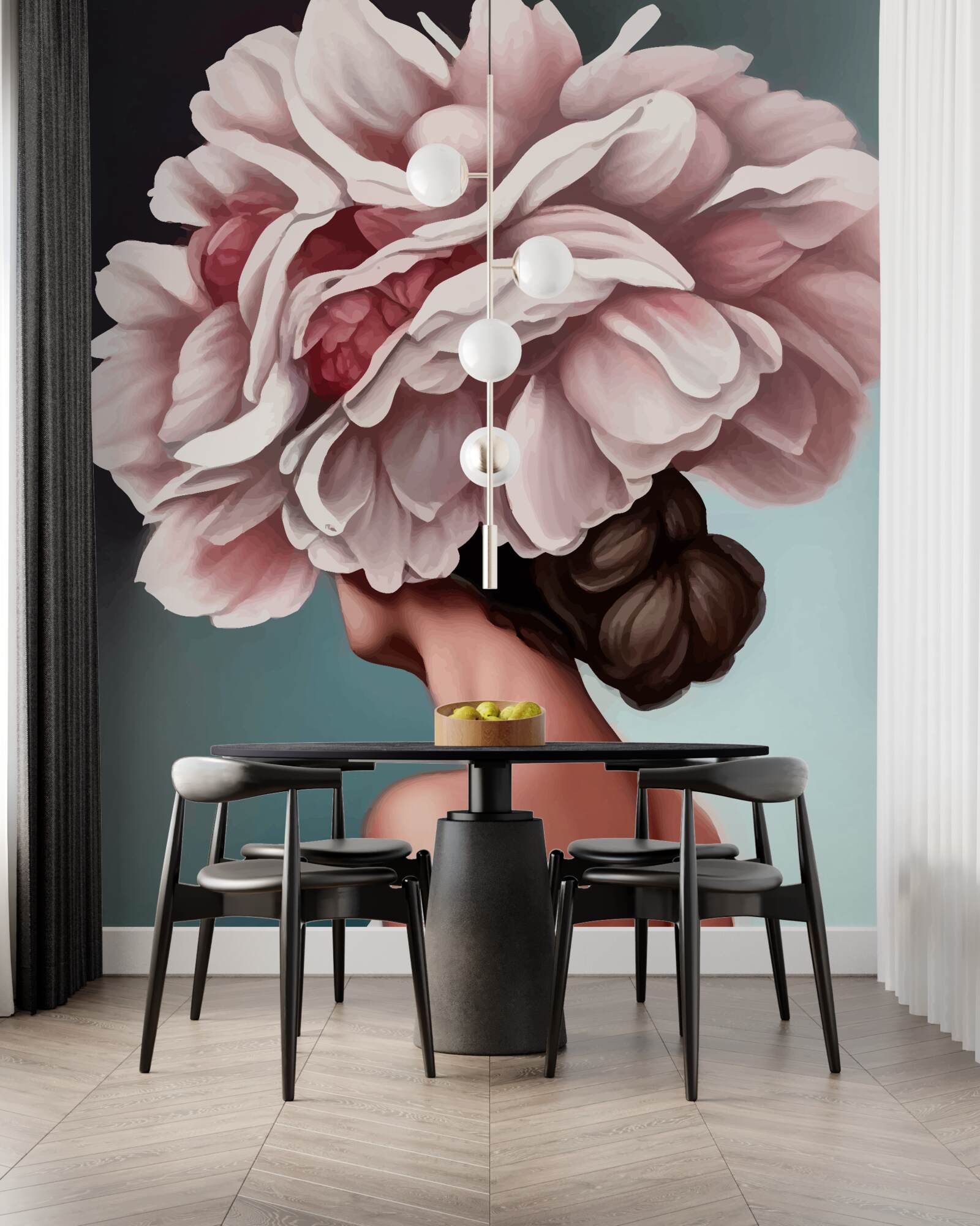 Papier peint fille dont les cheveux ont été remplacés par des fleurs