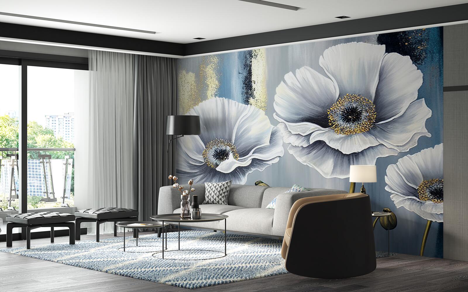 Papier peint les têtes blanches et brillantes des coquelicots en fleurs