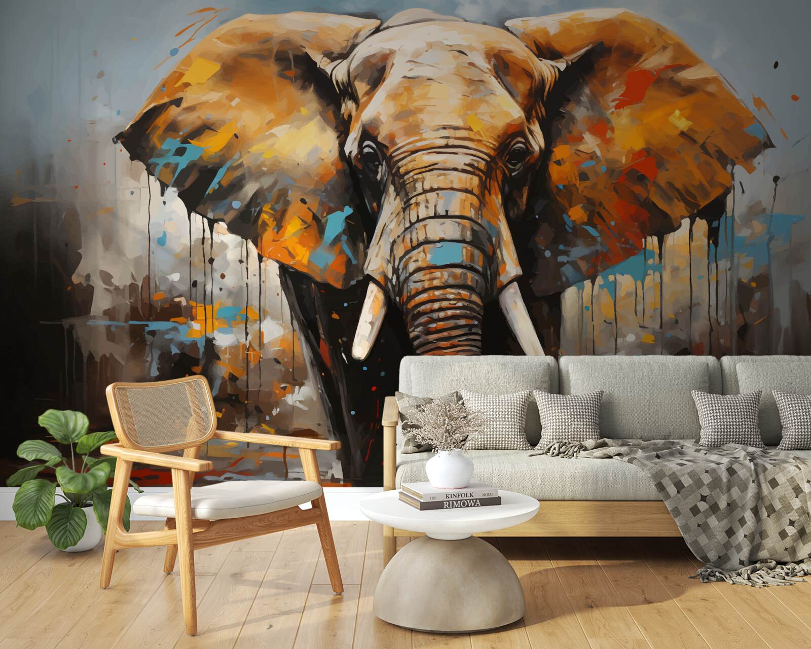 Papier peint image peinte d'un grand éléphant avec des défenses