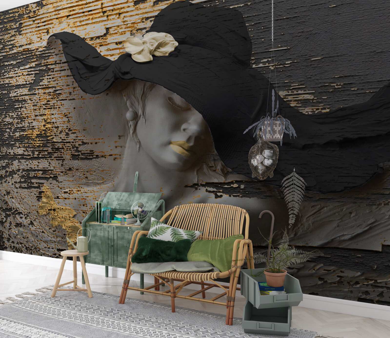 Papier peint femme avec des fleurs dans un chapeau