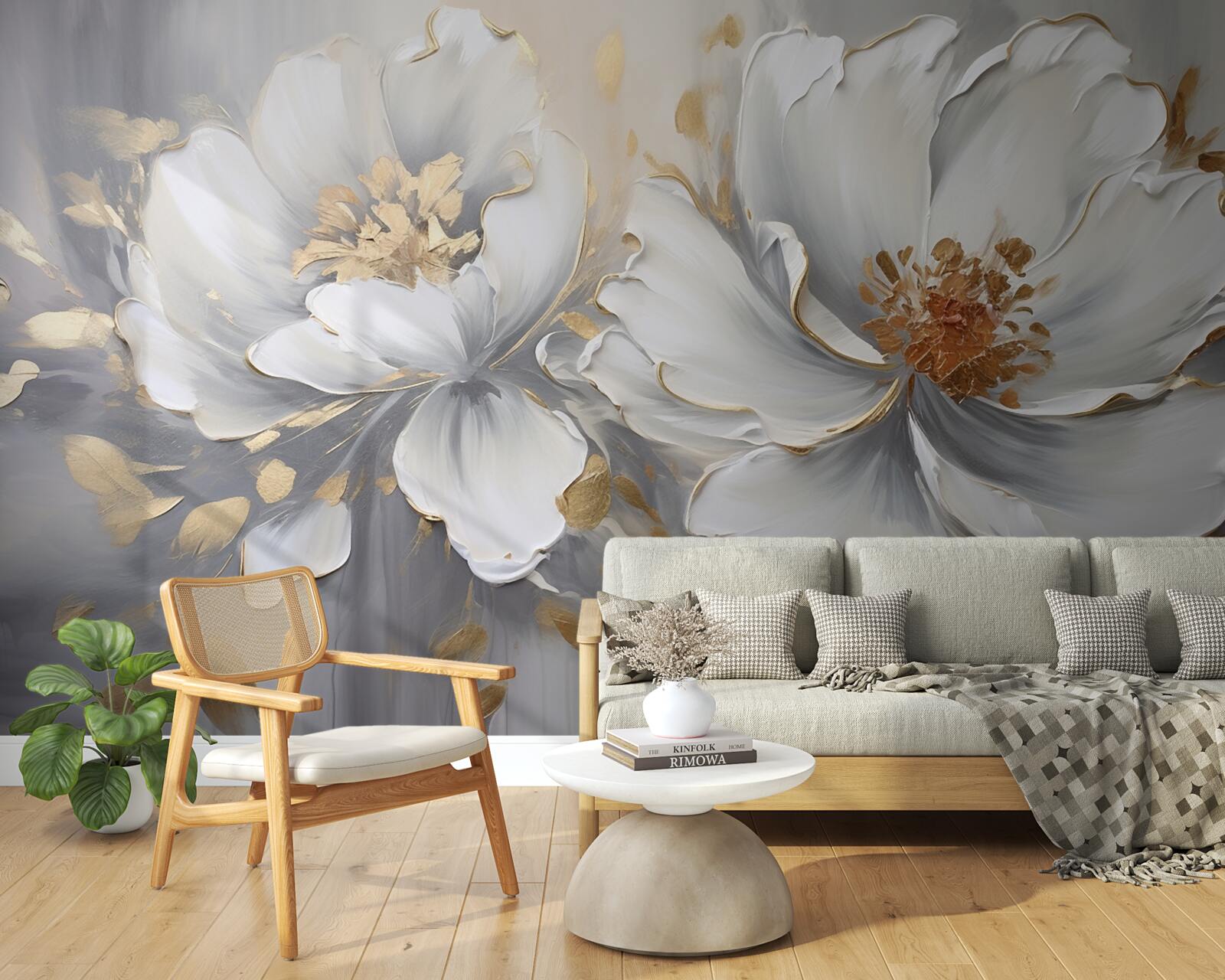 Papier peint boutons de fleurs luxueux en blanc neige