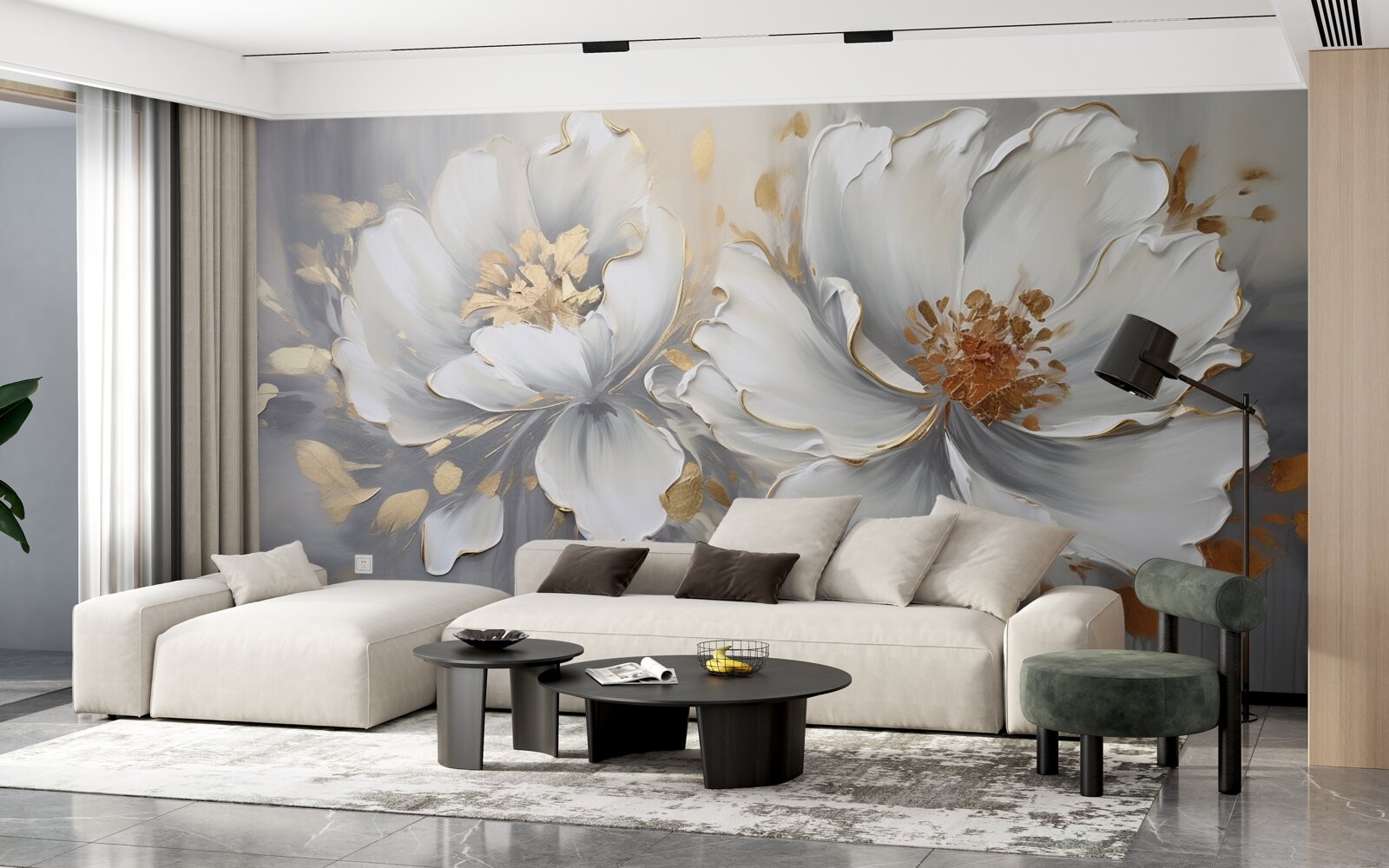 Papier peint boutons de fleurs luxueux en blanc neige