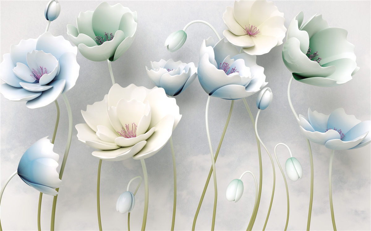 Papier peint gouttes d'eau sur des coquelicots élancés de différentes teintes