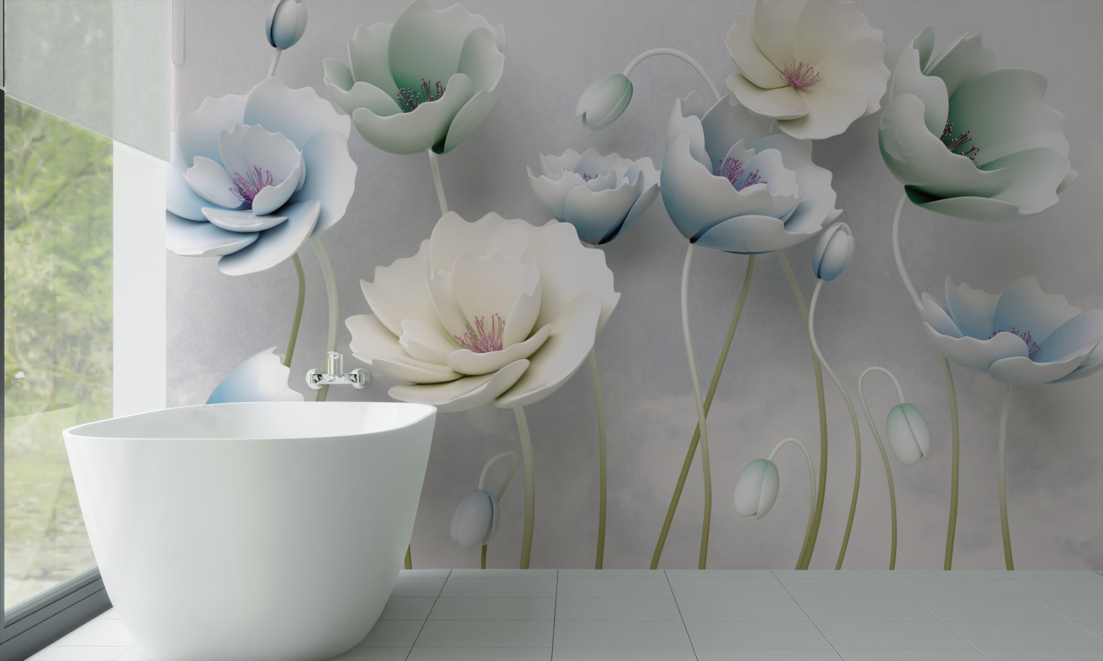 Papier peint gouttes d'eau sur des coquelicots élancés de différentes teintes