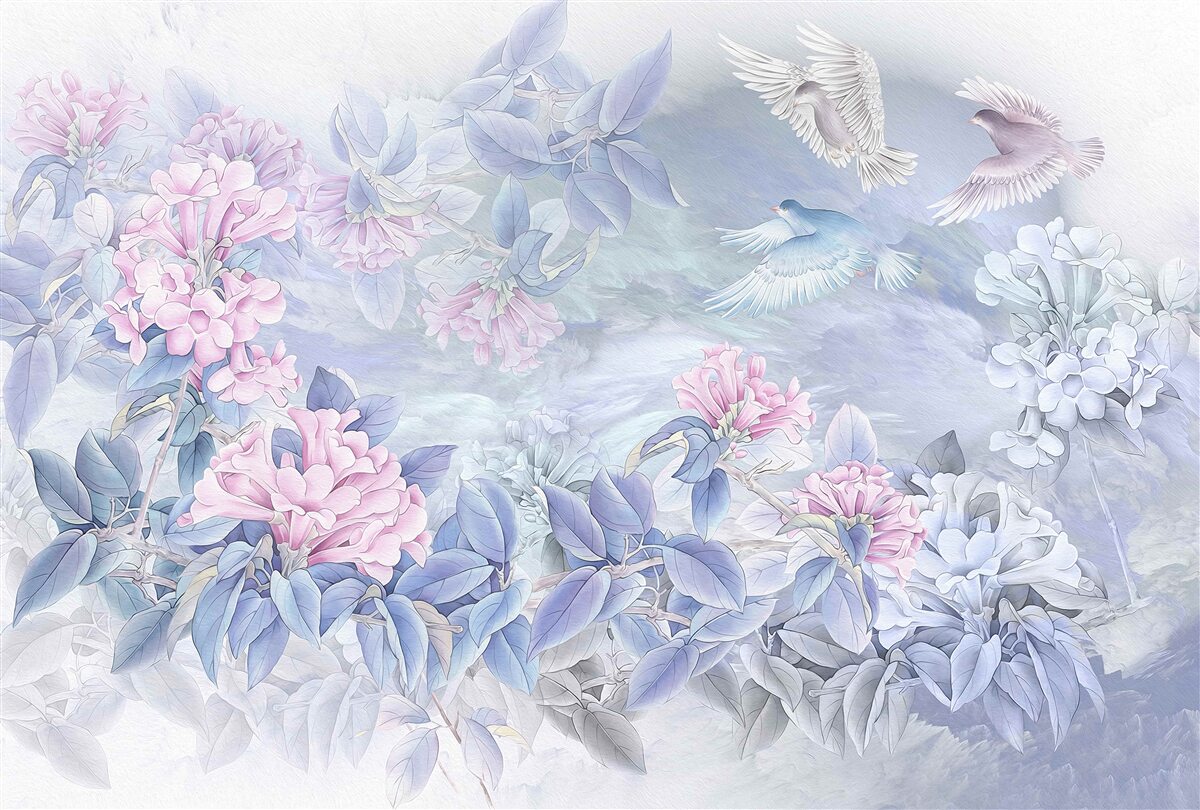 Papier peint les branches sont bleues, surmontées de fleurs roses