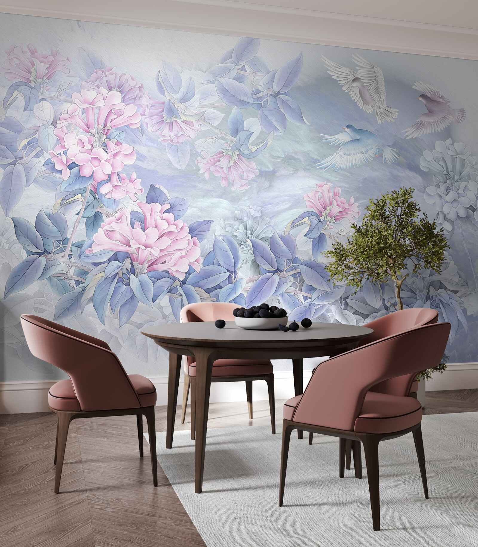 Papier peint les branches sont bleues, surmontées de fleurs roses