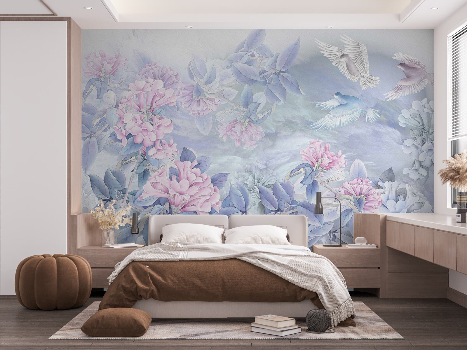 Papier peint les branches sont bleues, surmontées de fleurs roses