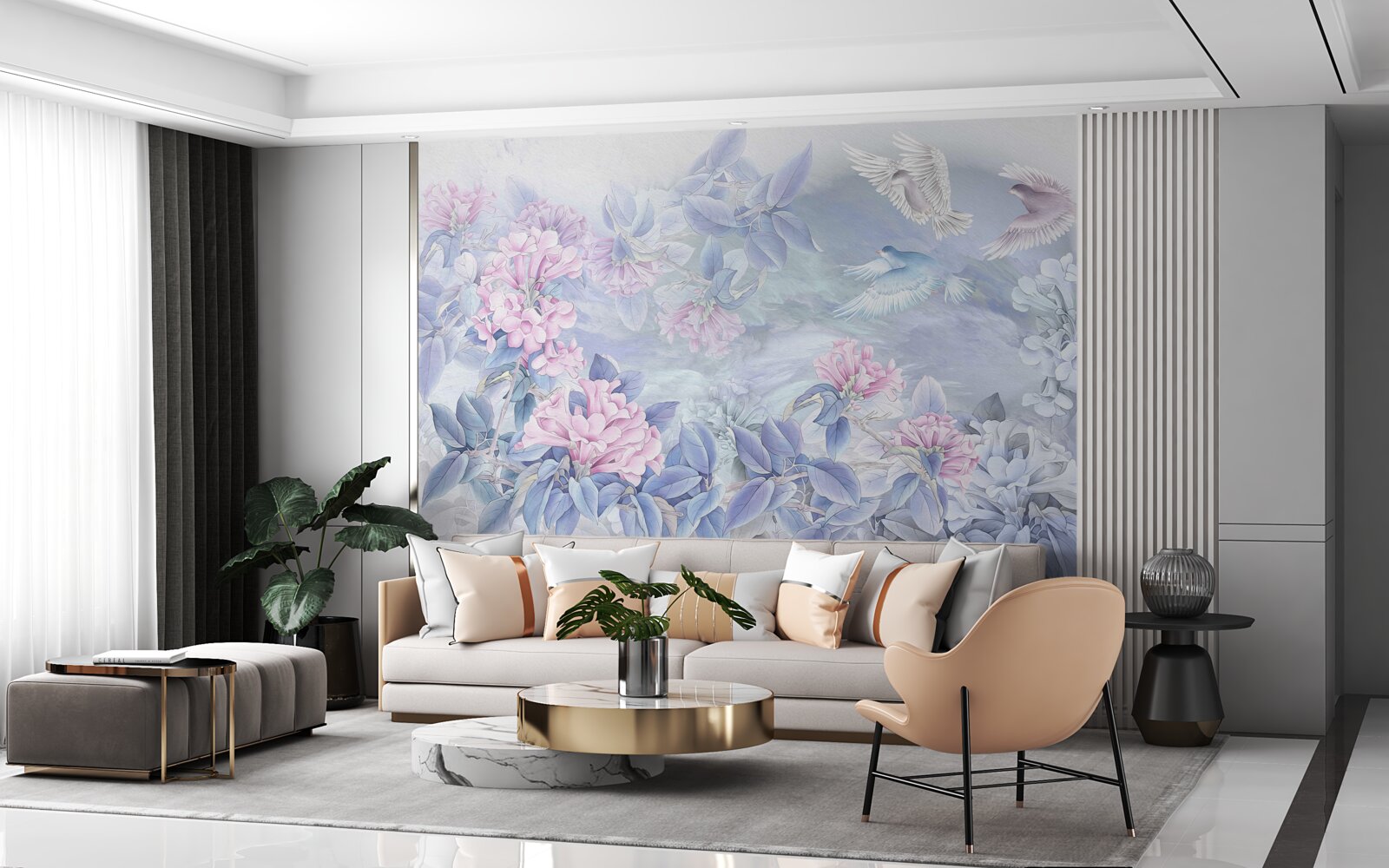 Papier peint les branches sont bleues, surmontées de fleurs roses