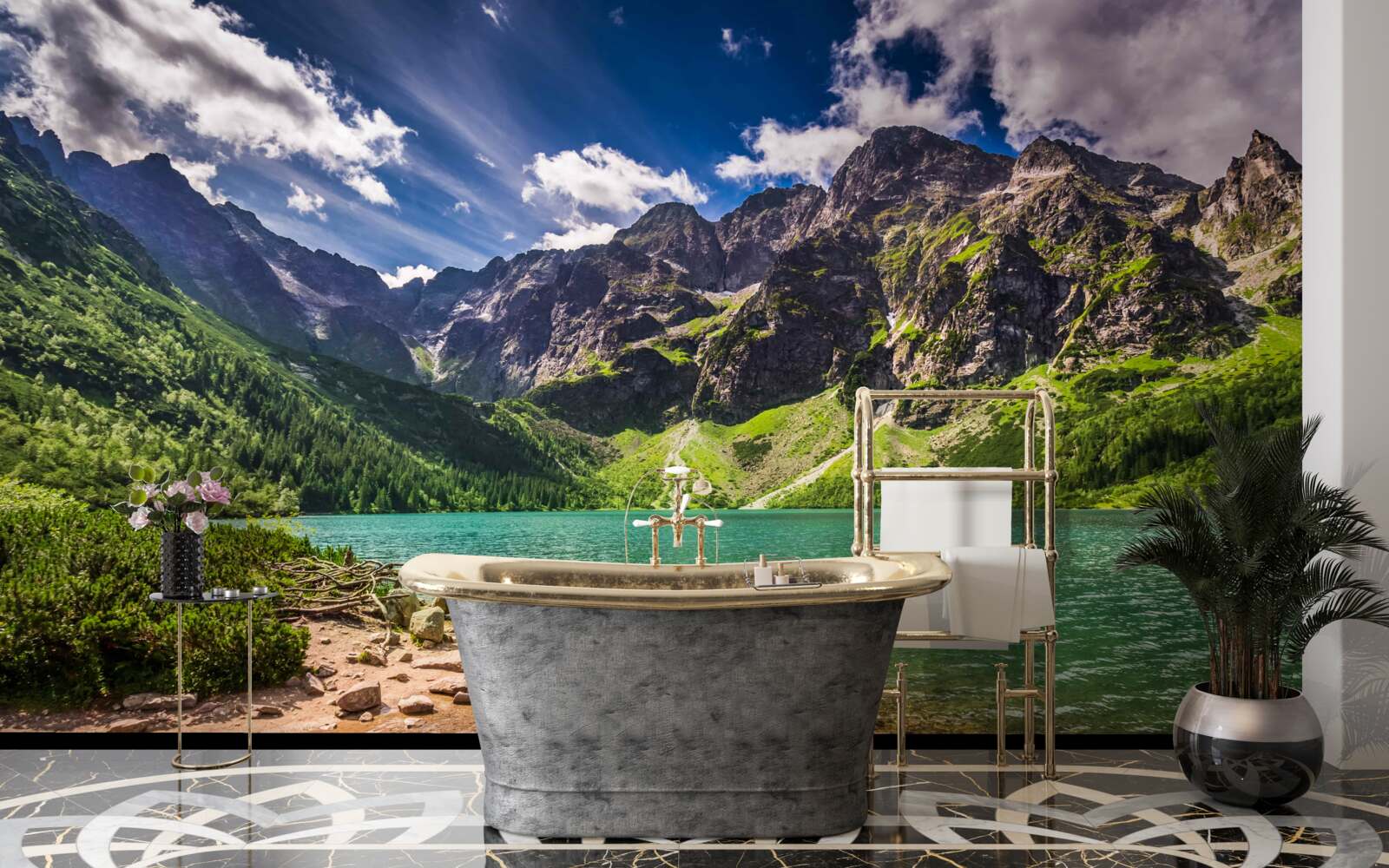 Papier peint une journée d'été près d'un lac entouré de montagnes verdoyantes