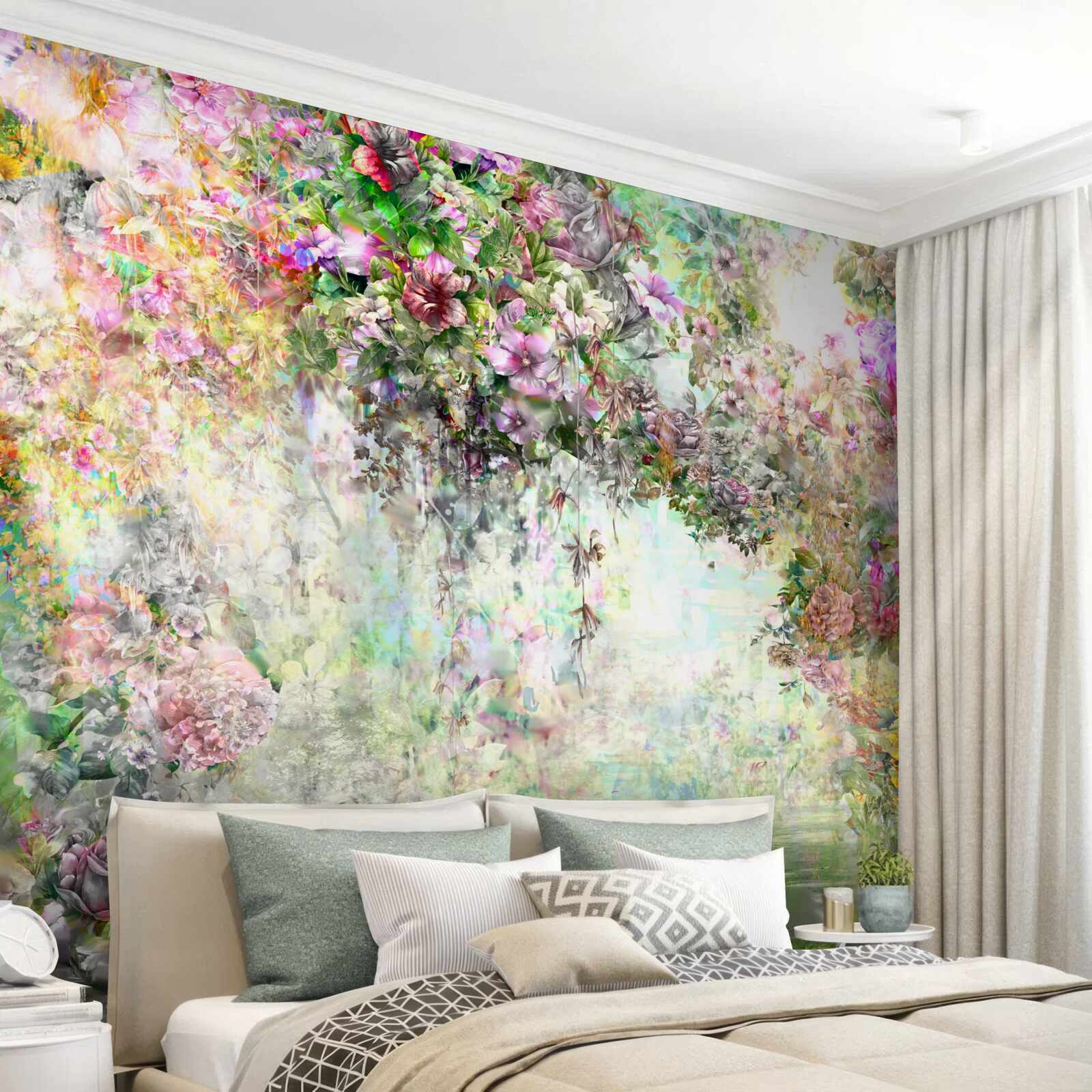 Papier peint chemin d'été pittoresque parsemé de fleurs dans la forêt