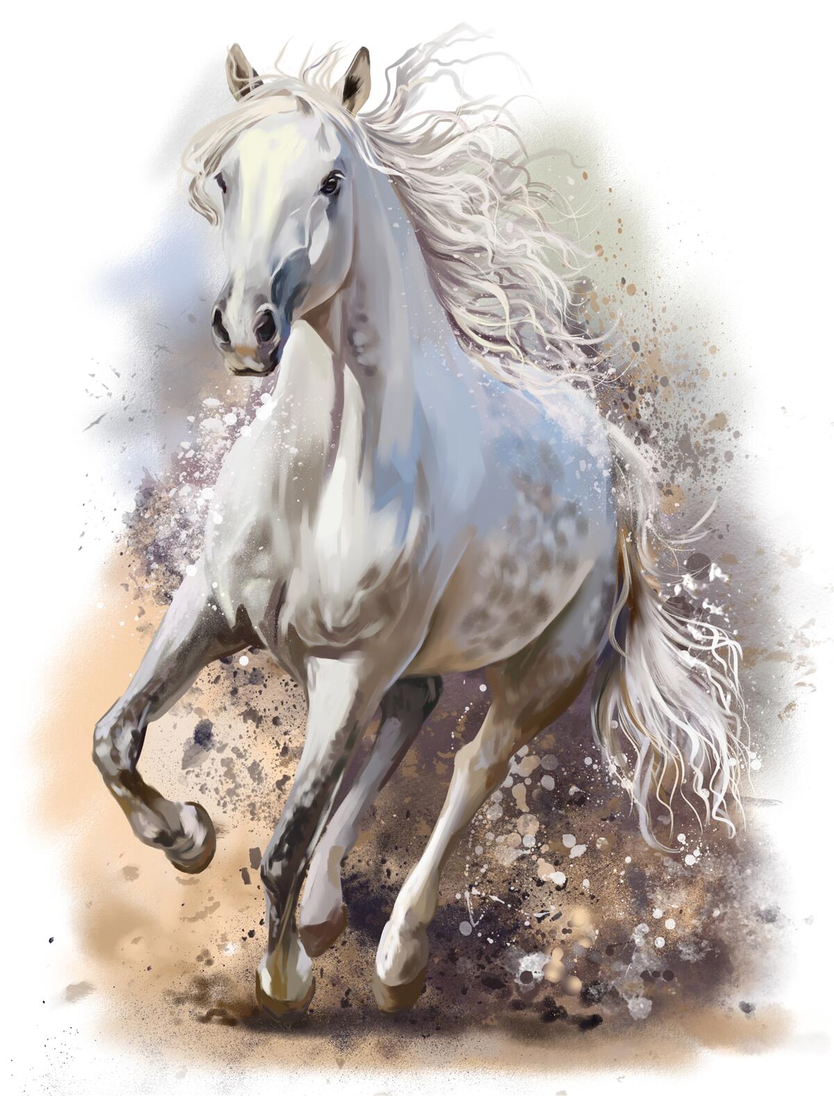 Papier peint Le cheval blanc comme neige à la crinière luxuriante galope rapidement