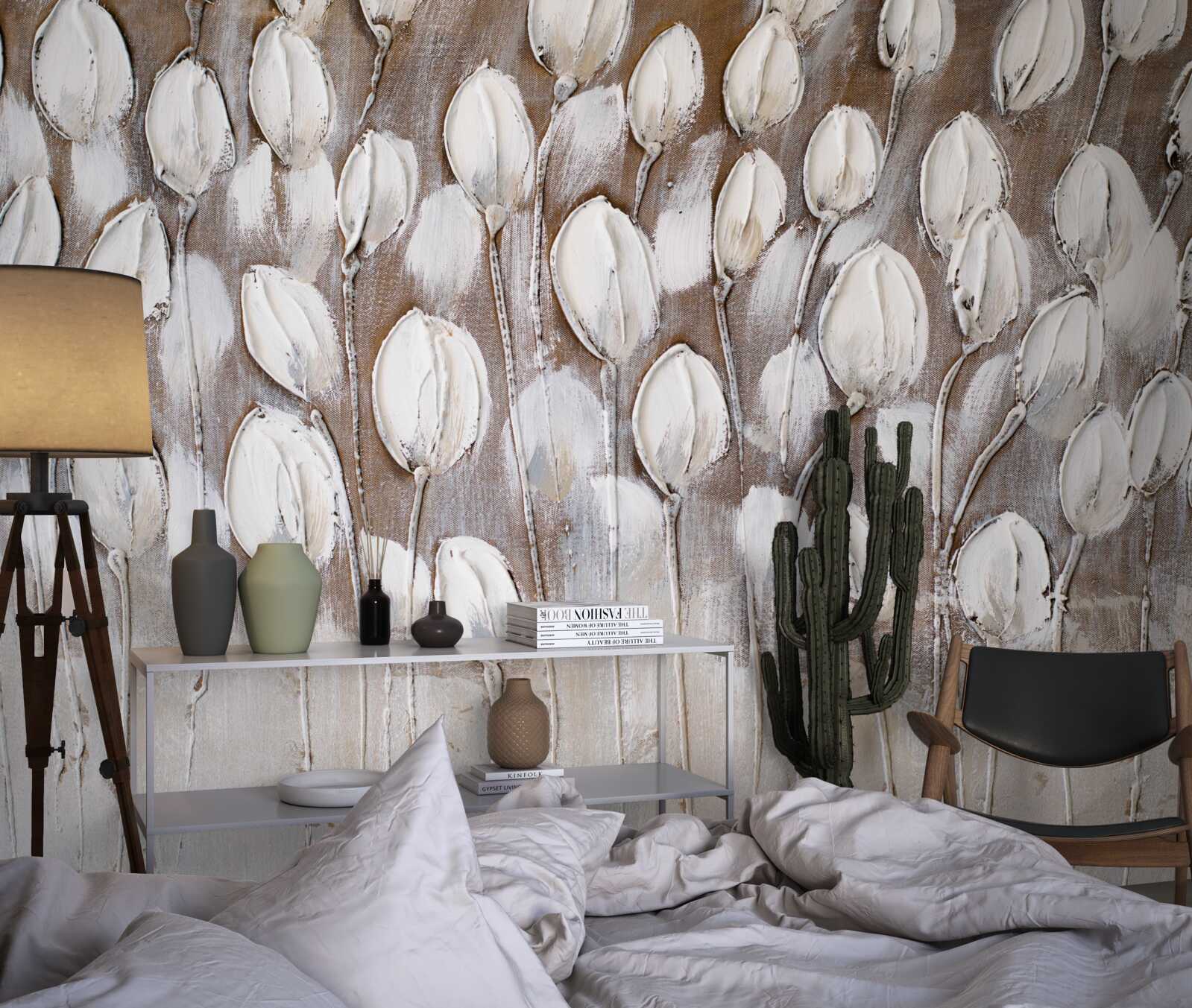 Papier peint les tulipes blanches dans le champ ne se sont pas encore ouvertes
