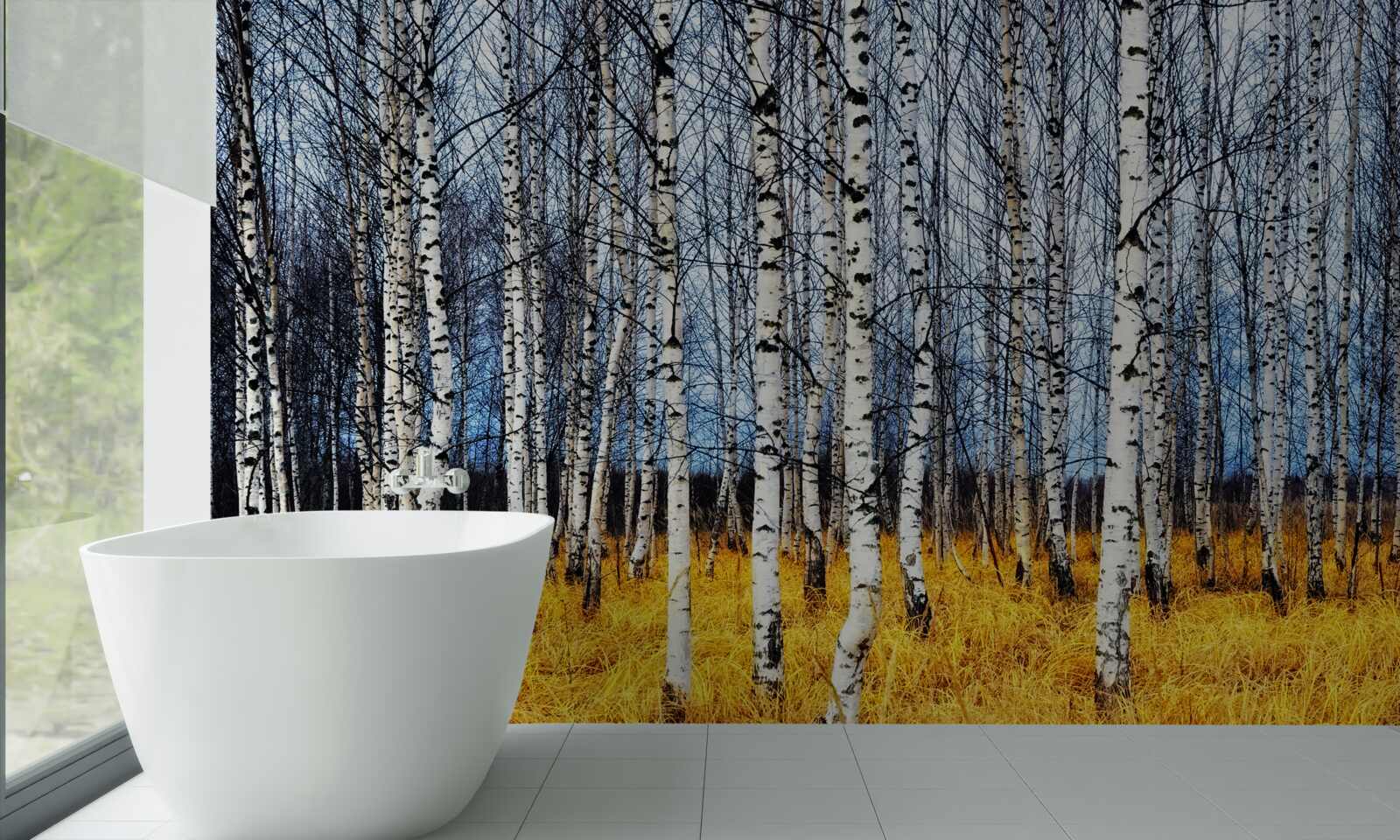Papier peint feuilles de bouleau tombées sur fond d'herbe forestière jaunissante