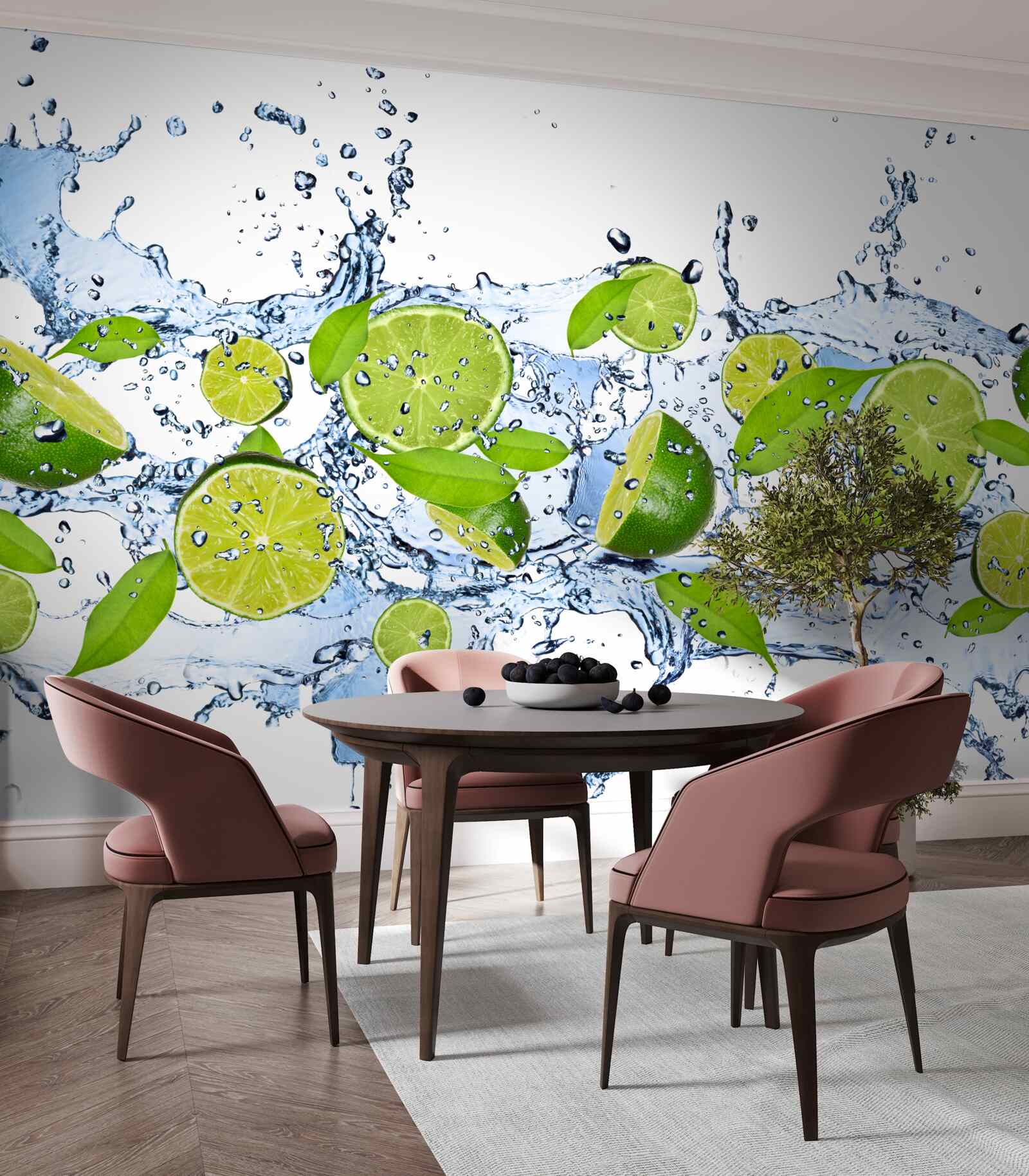 Papier peint citrons verts coupés en tranches et plongés dans l'eau