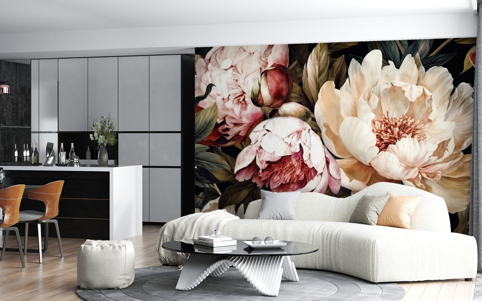 Papier peint grandes fleurs à boutons blancs