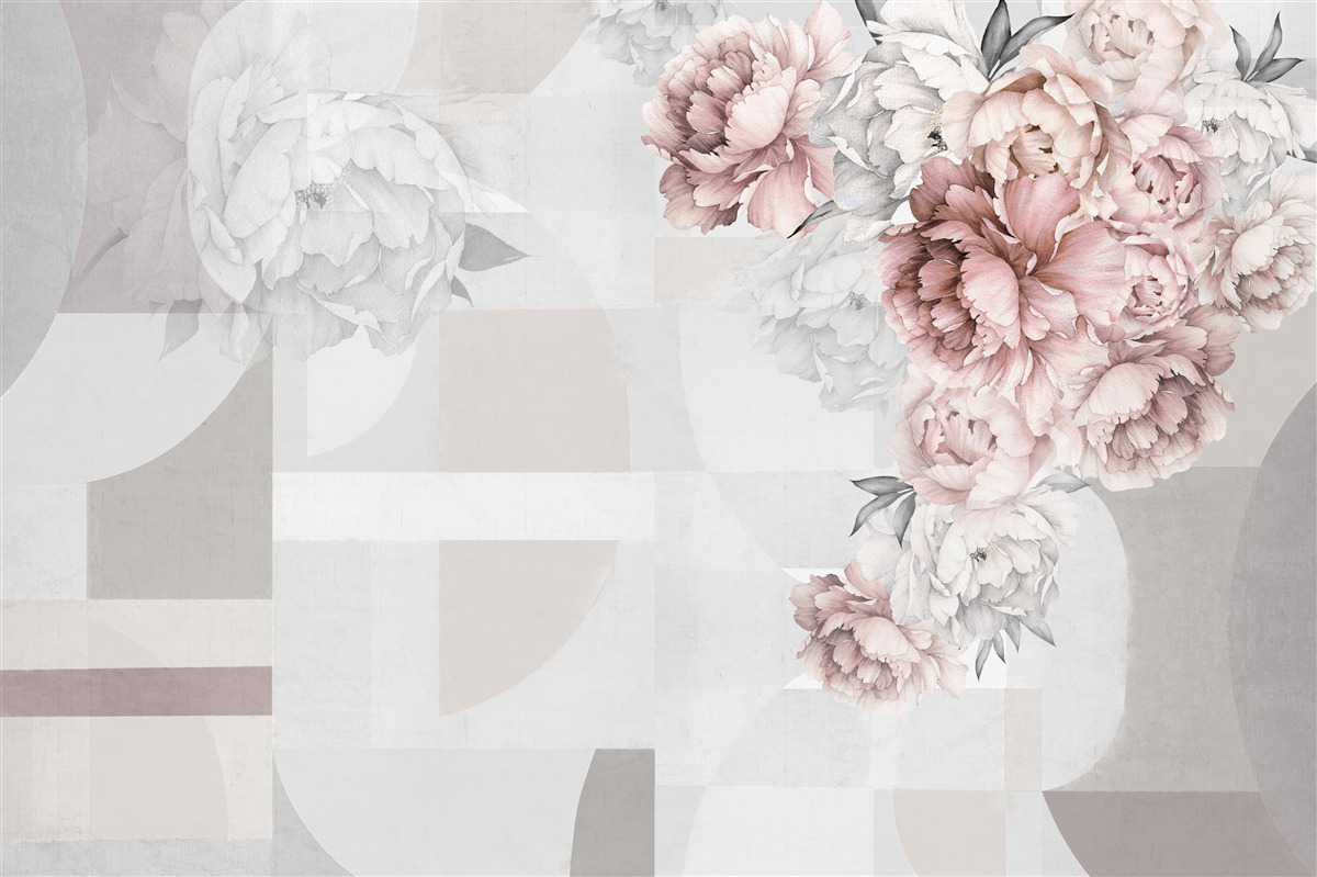 Papier peint grandes fleurs sur fond gris