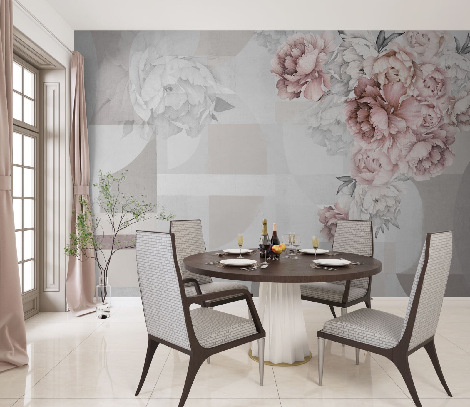 Papier peint grandes fleurs sur fond gris