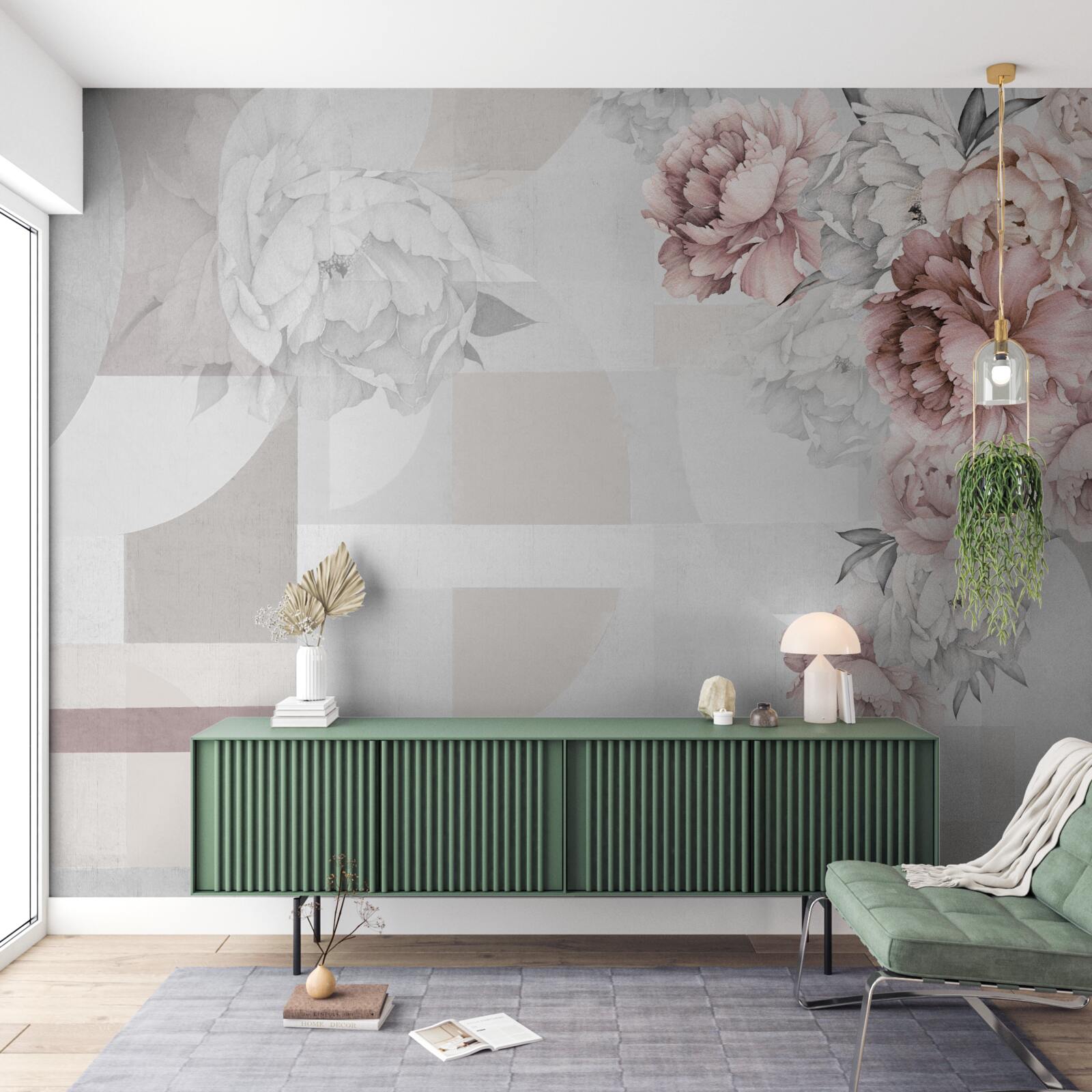 Papier peint grandes fleurs sur fond gris