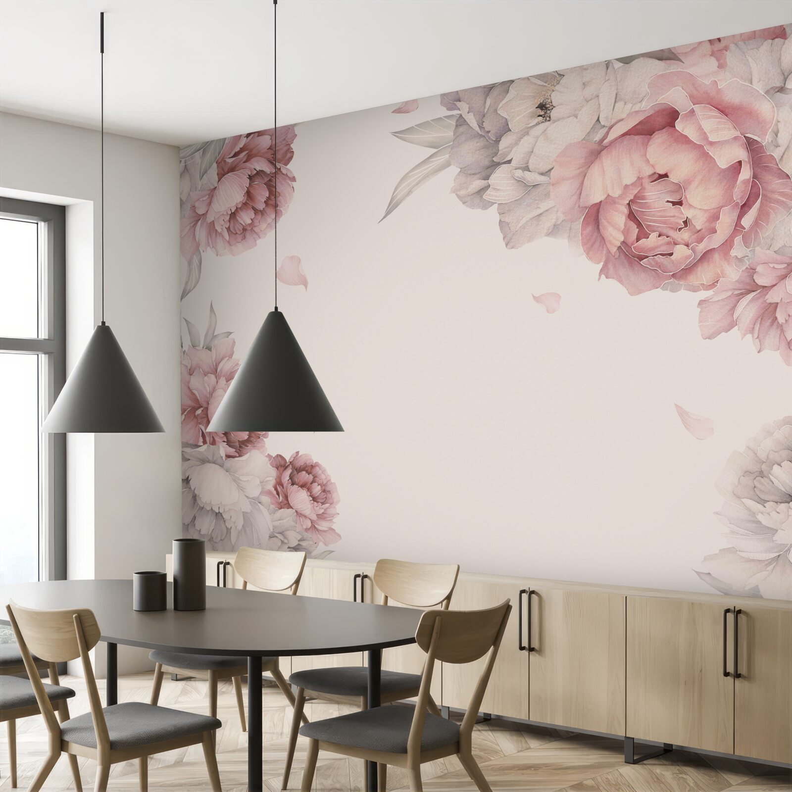 Papier peint de grandes branches de pivoines roses