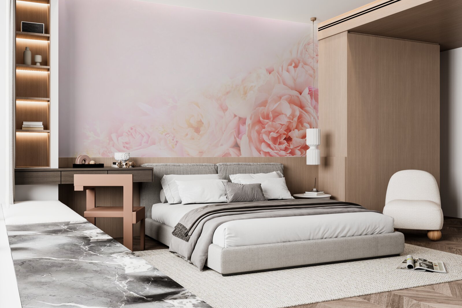 Papier peint fleurs roses fines