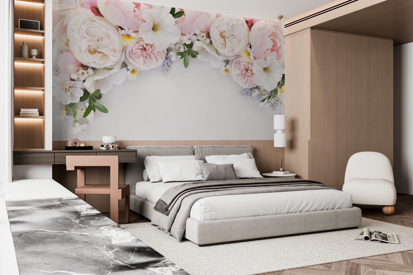 Papier peint une branche de grandes pivoines rose pâle