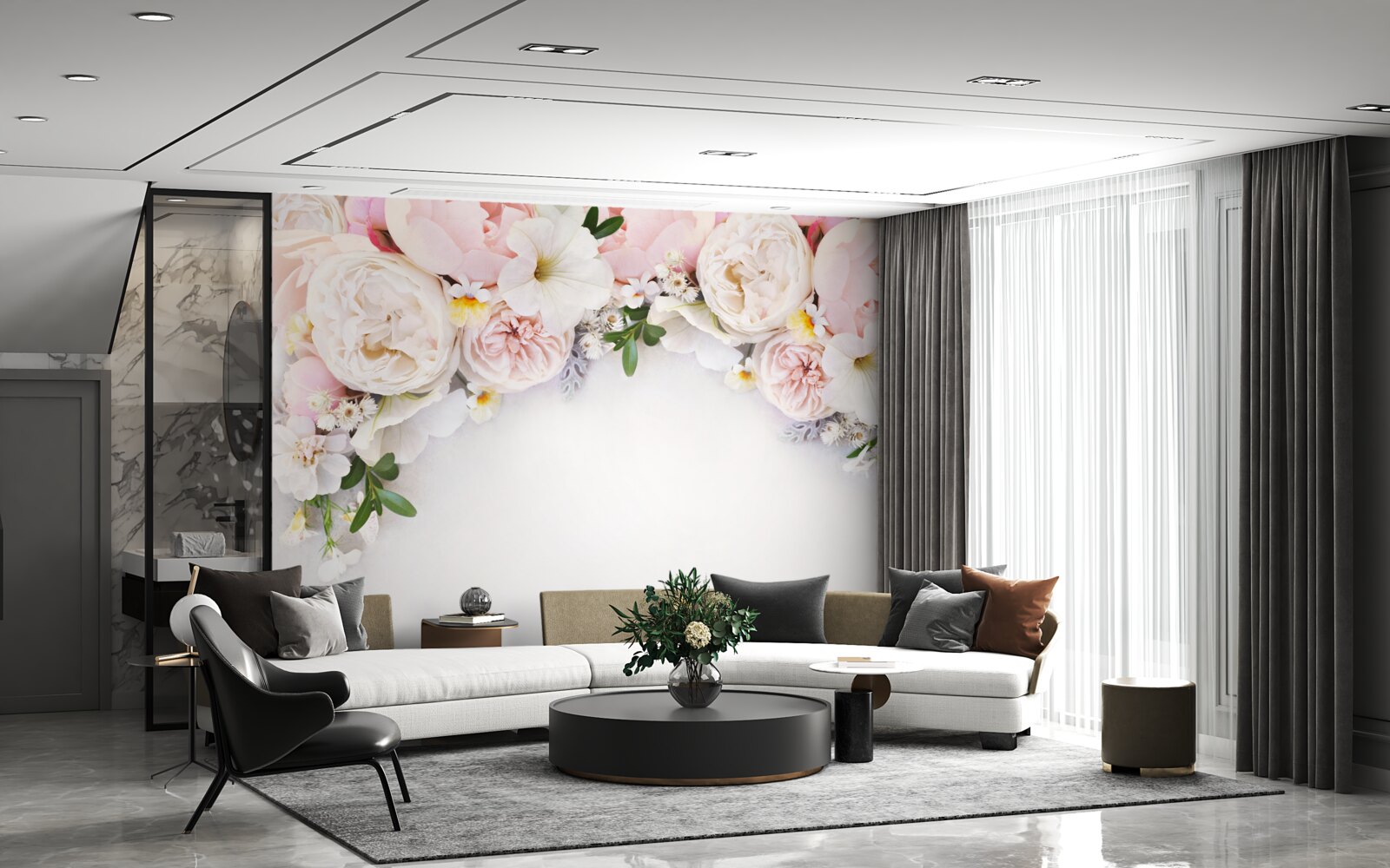 Papier peint une branche de grandes pivoines rose pâle