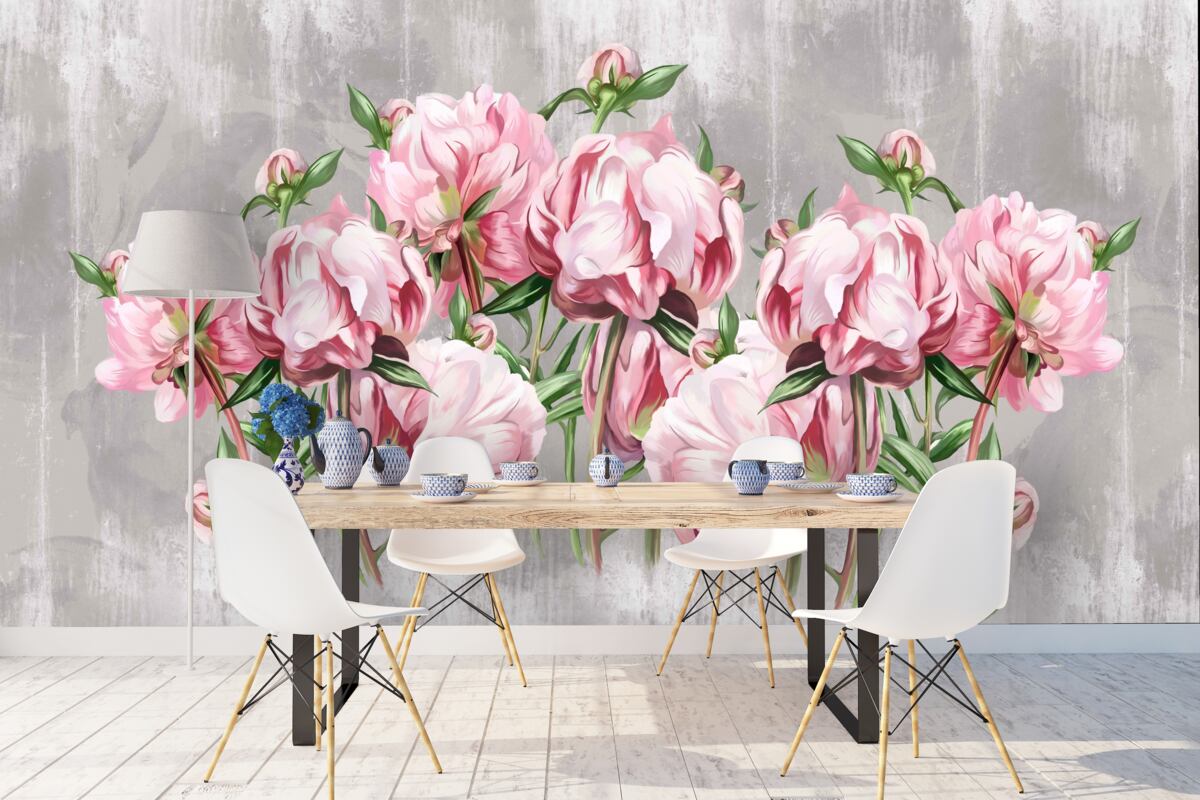 Papier peint temps de pluie et pivoines roses