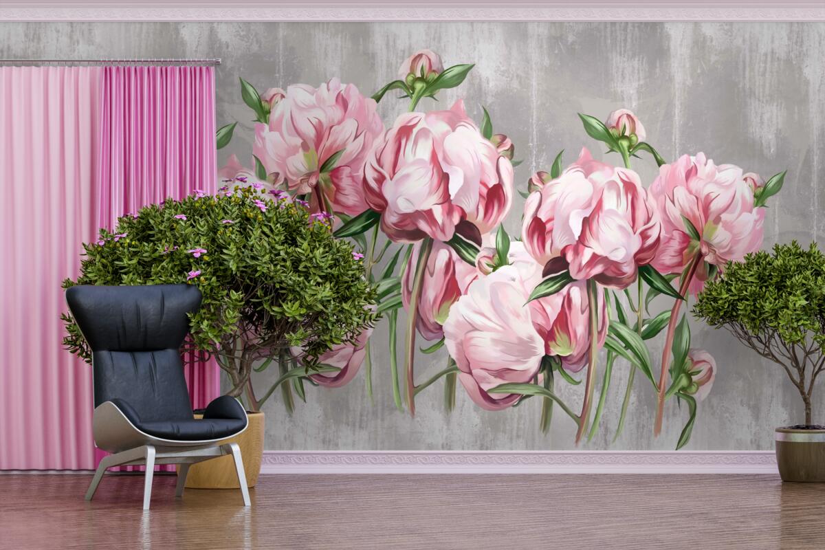 Papier peint temps de pluie et pivoines roses