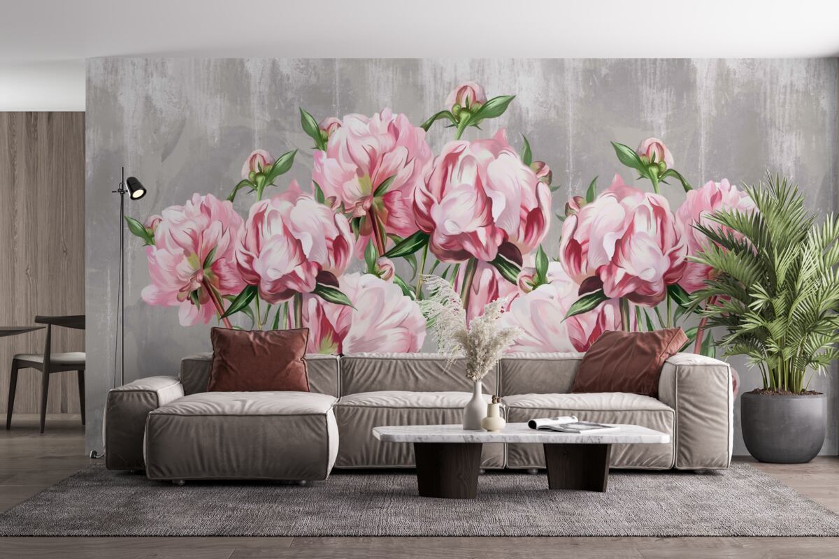 Papier peint temps de pluie et pivoines roses