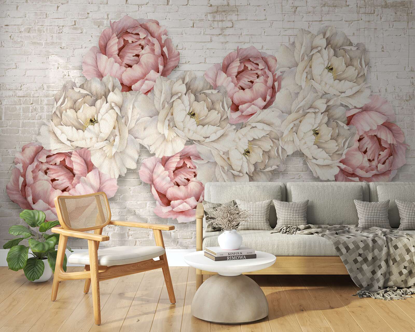 Papier peint le fond en brique est décoré de bourgeons blancs et roses