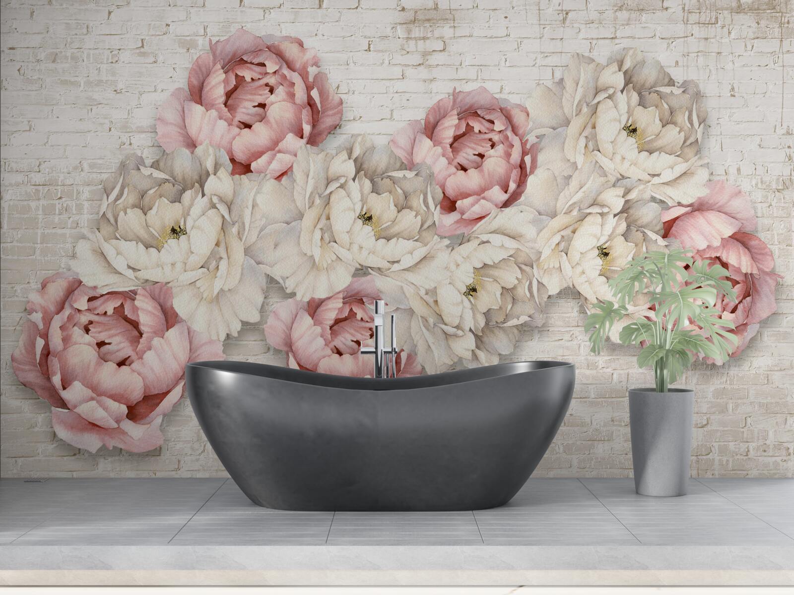 Papier peint le fond en brique est décoré de bourgeons blancs et roses