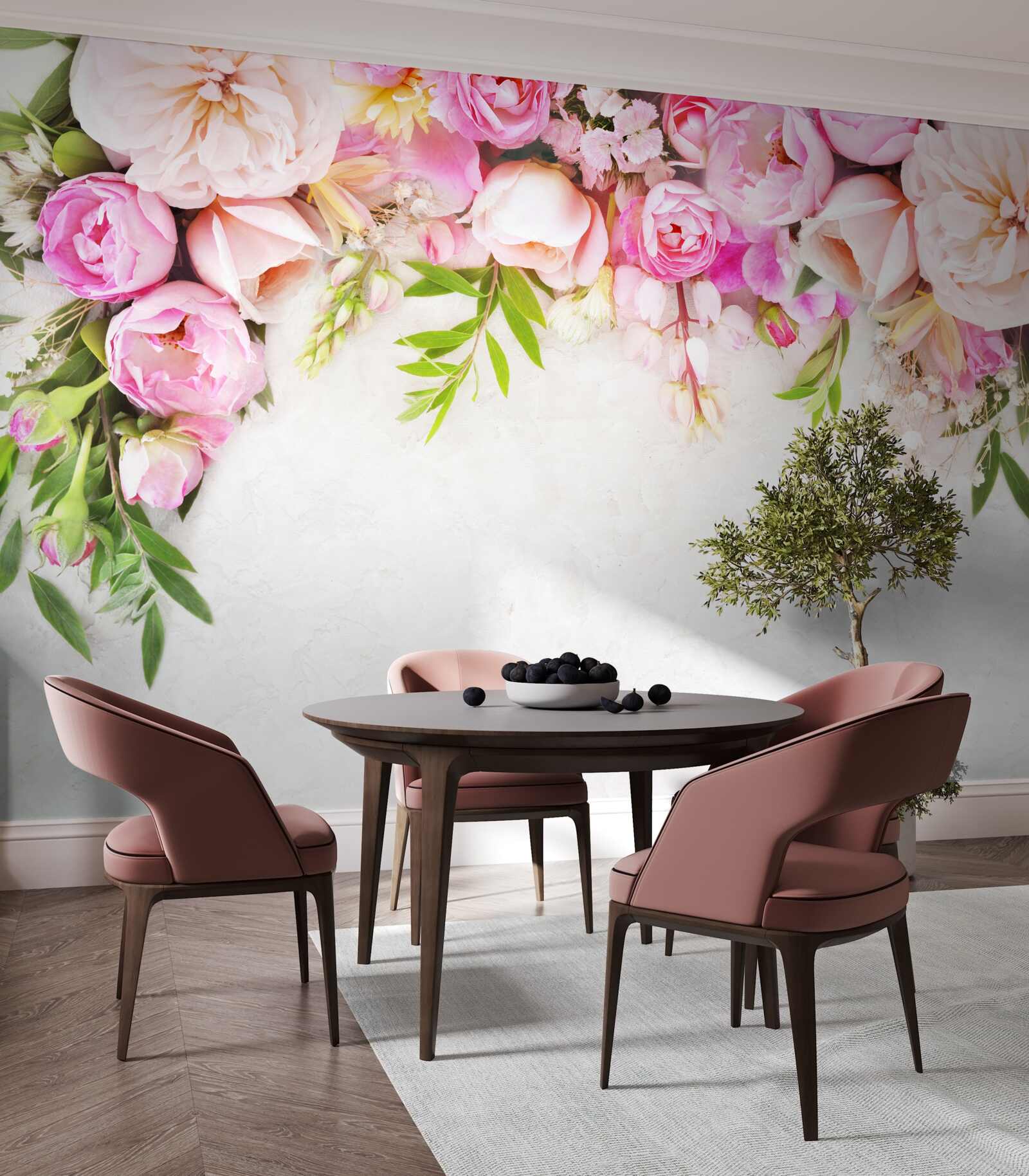 Papier peint branche avec des fleurs blanches et roses
