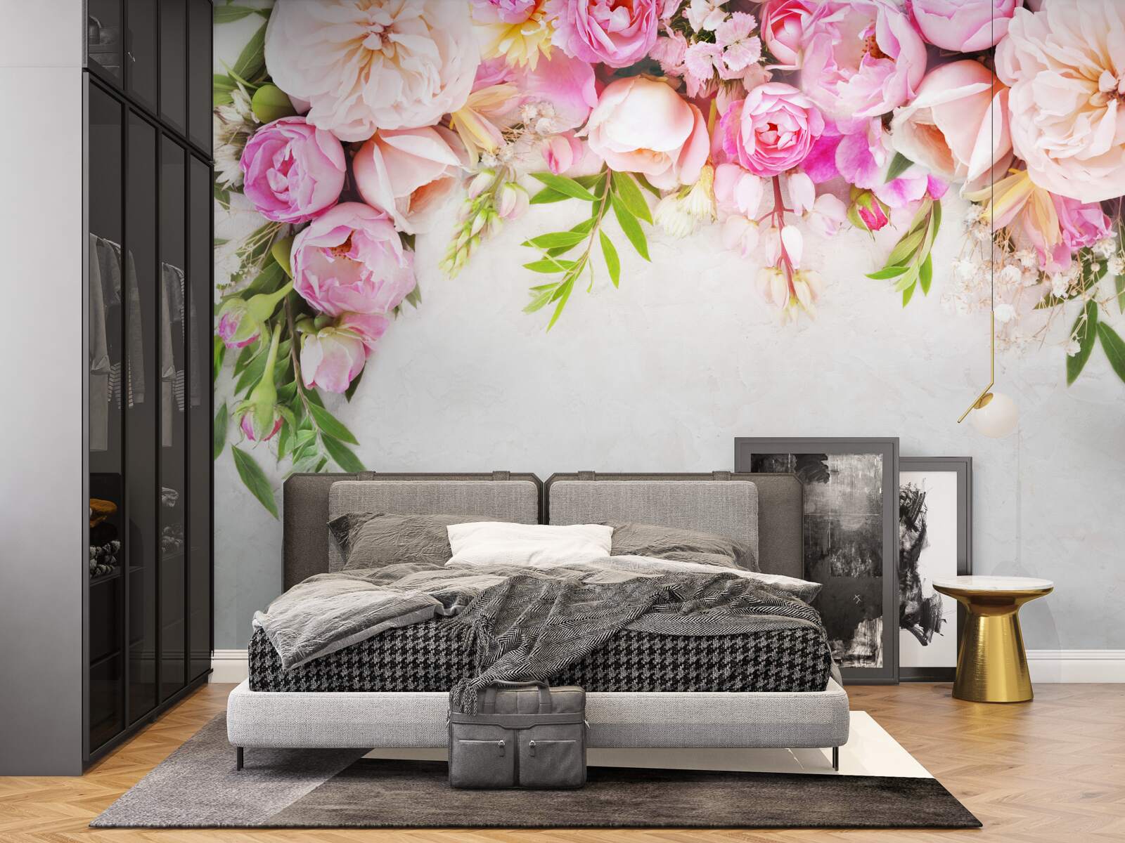 Papier peint branche avec des fleurs blanches et roses