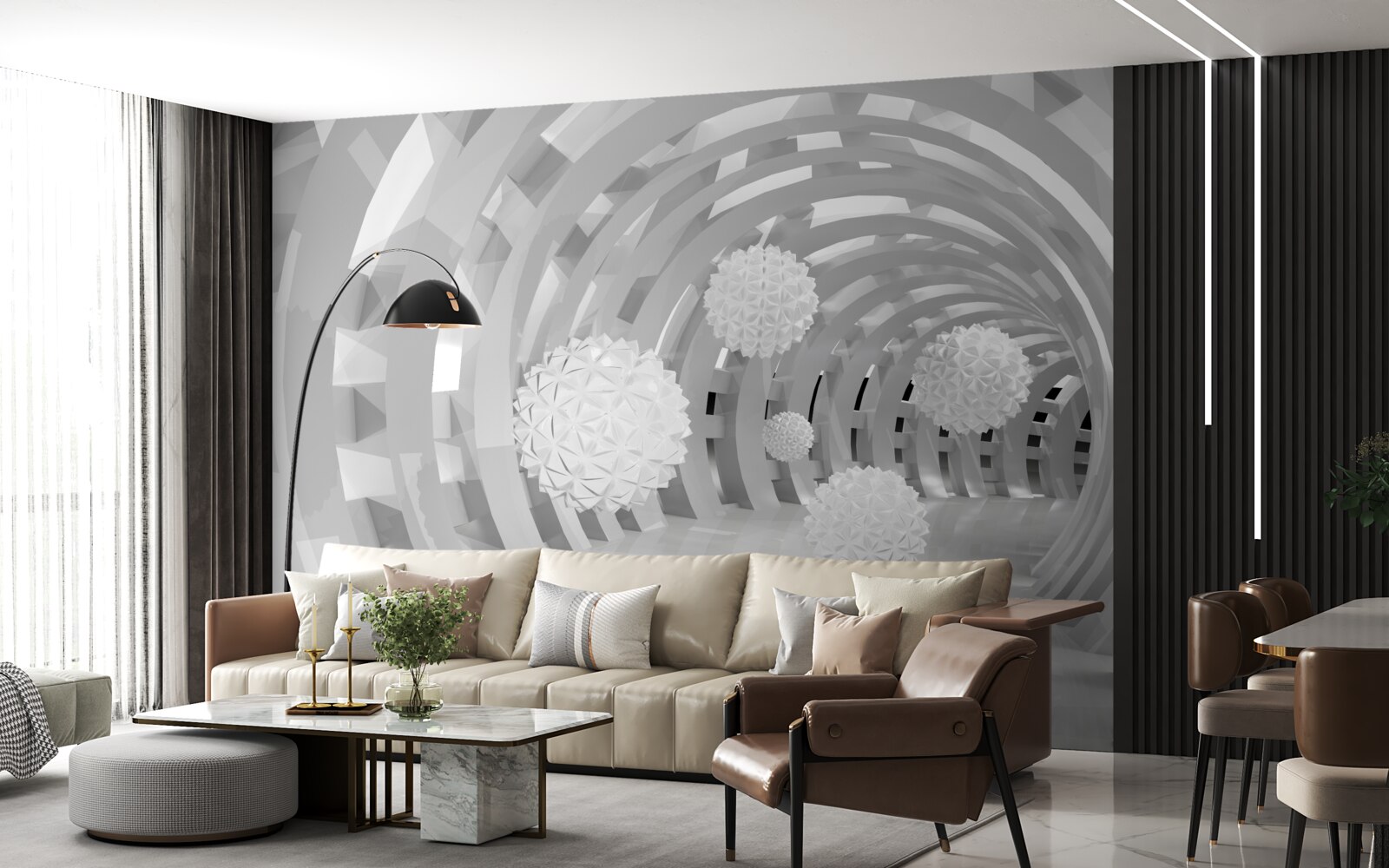 Papier peint arches rondes avec boules blanches