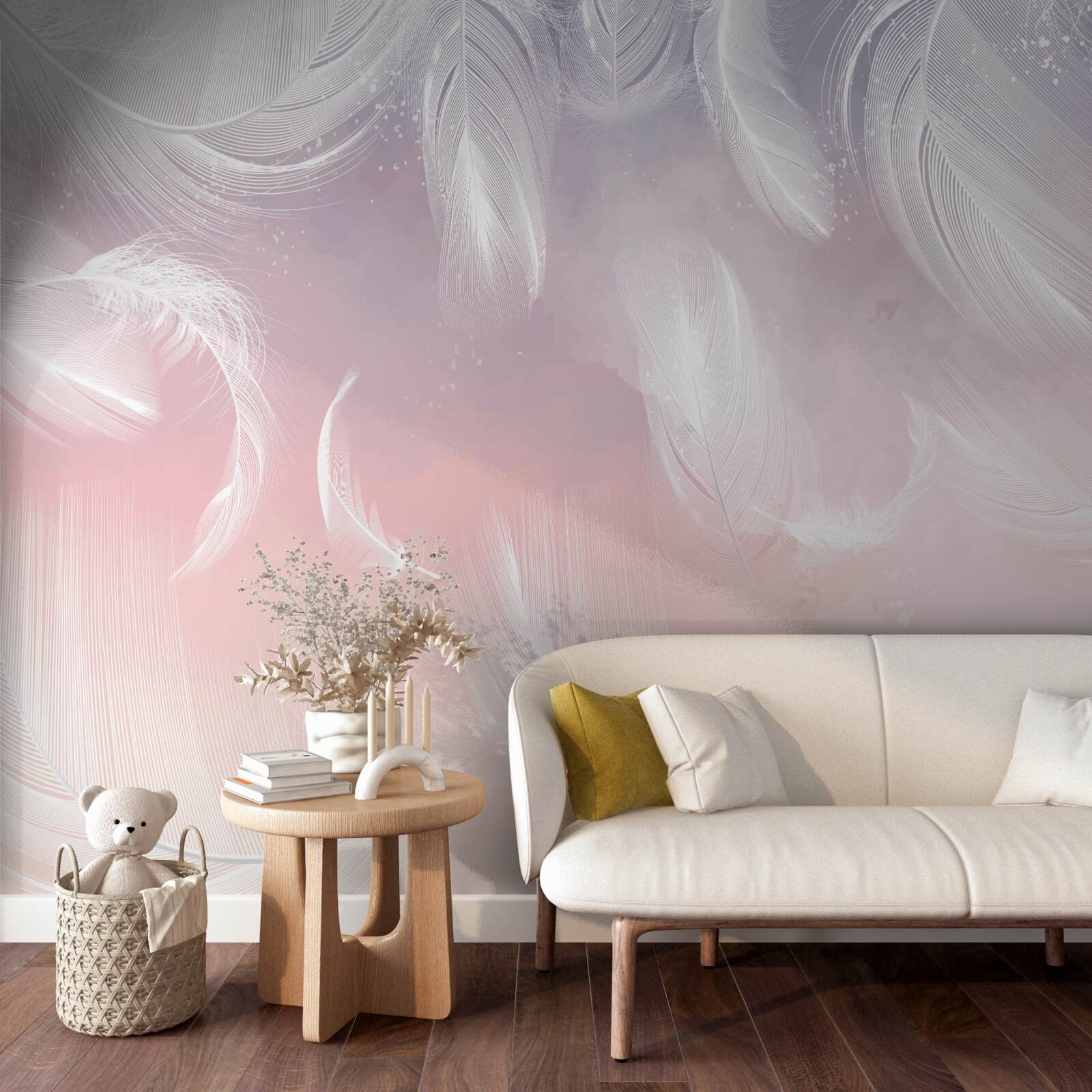 Papier peint plumes blanches flottant dans le coucher de soleil